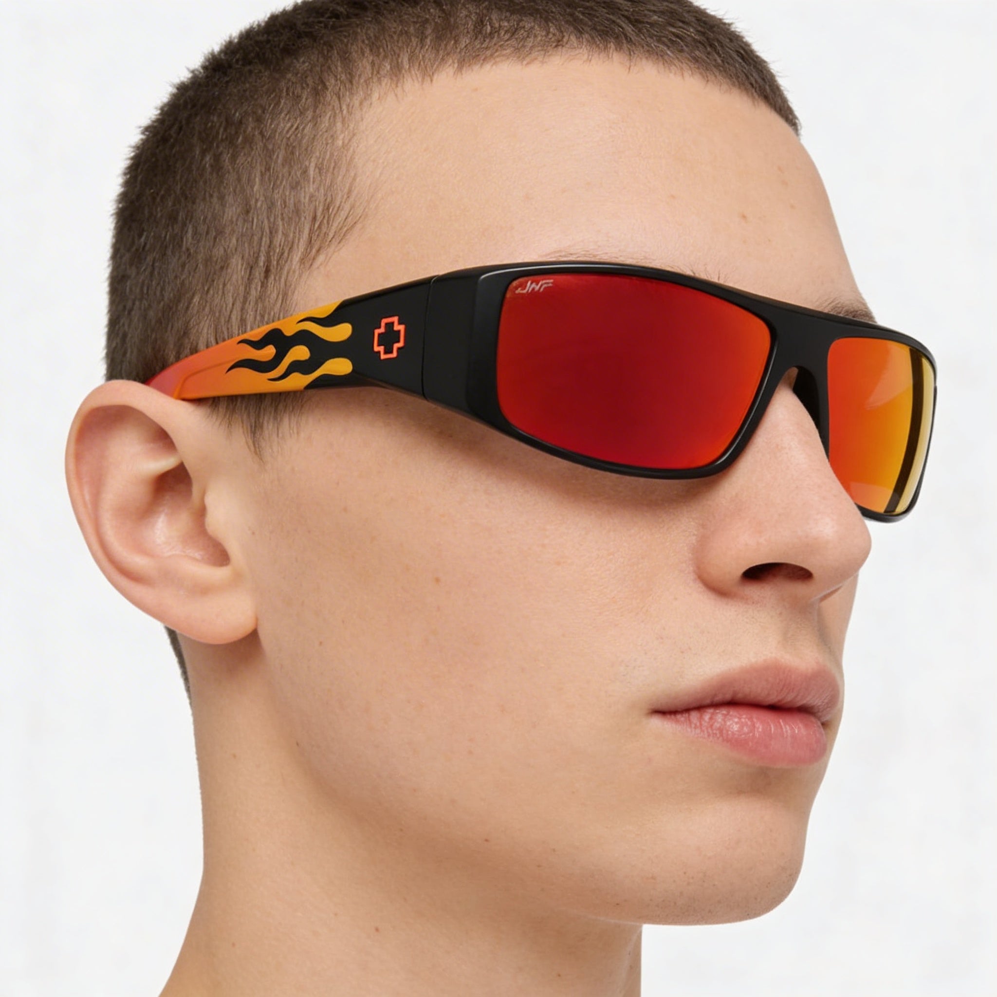 Gafas de sol informales unisex Spy, montura negra mate con llamas naranjas, lentes Happy grises verdes con espejo rojo, 61 mm, protección UV, Photo 4