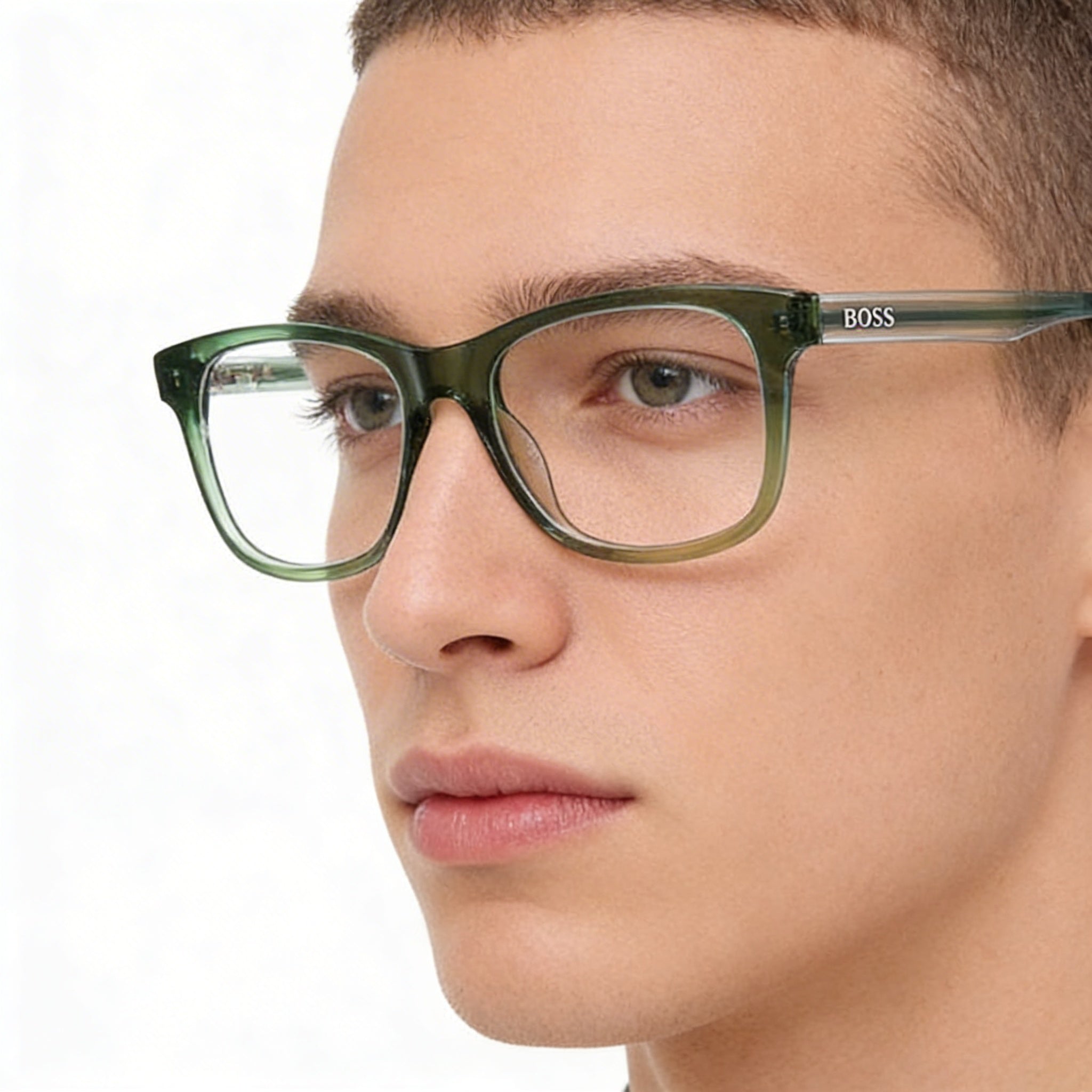 Hugo Boss 1547 Kids B59 51 Transparent Olive Green Acetate Square Full Rim Clear Lens Eyeglasses 51mm, Photo 2