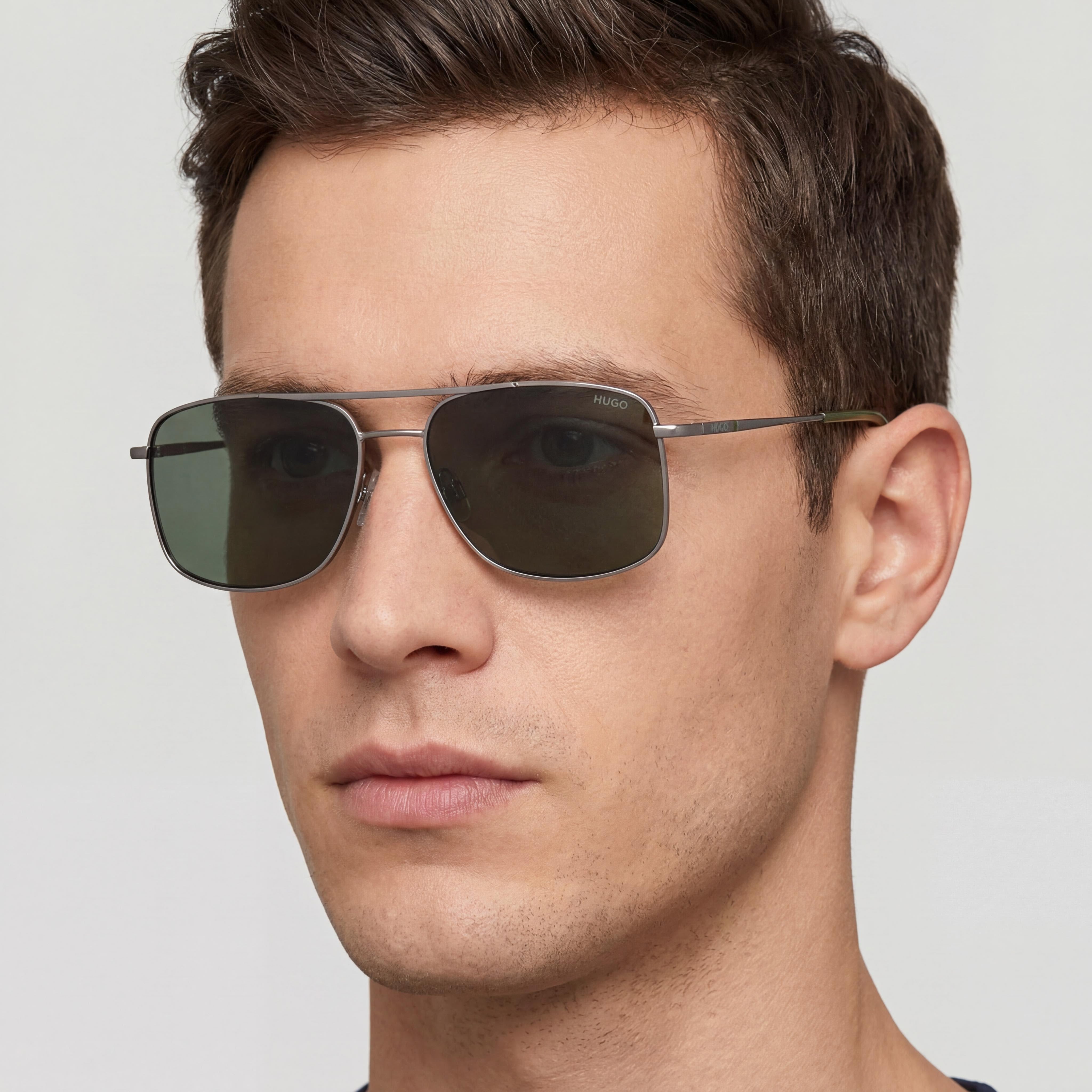 HUGO Casual Men's Ruthenium Green Metal Frame Sunglasses, Green Lenses, UV Protected, Size 7-1-4, Photo 5