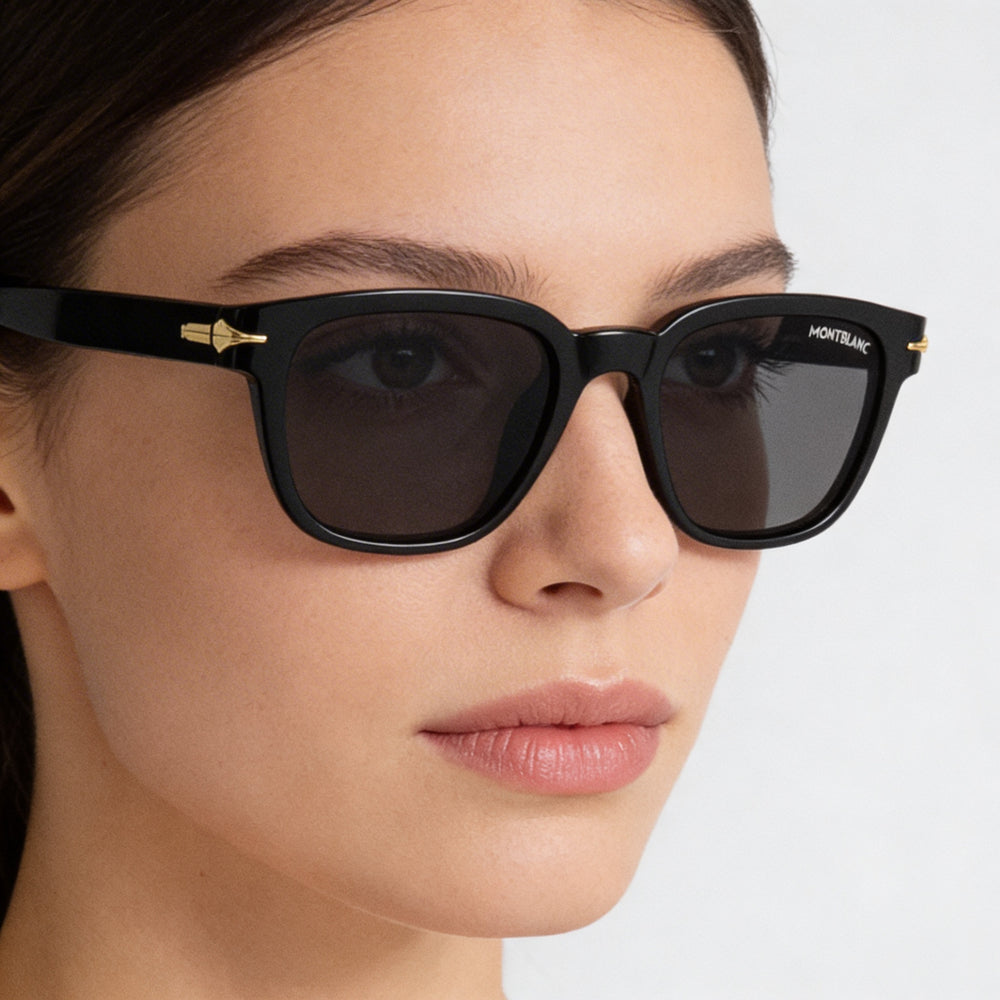 MONTBLANC MB0302S Gafas de sol rectangulares para mujer, de acetato reciclado negro y gris, 100% UV, no polarizadas 51