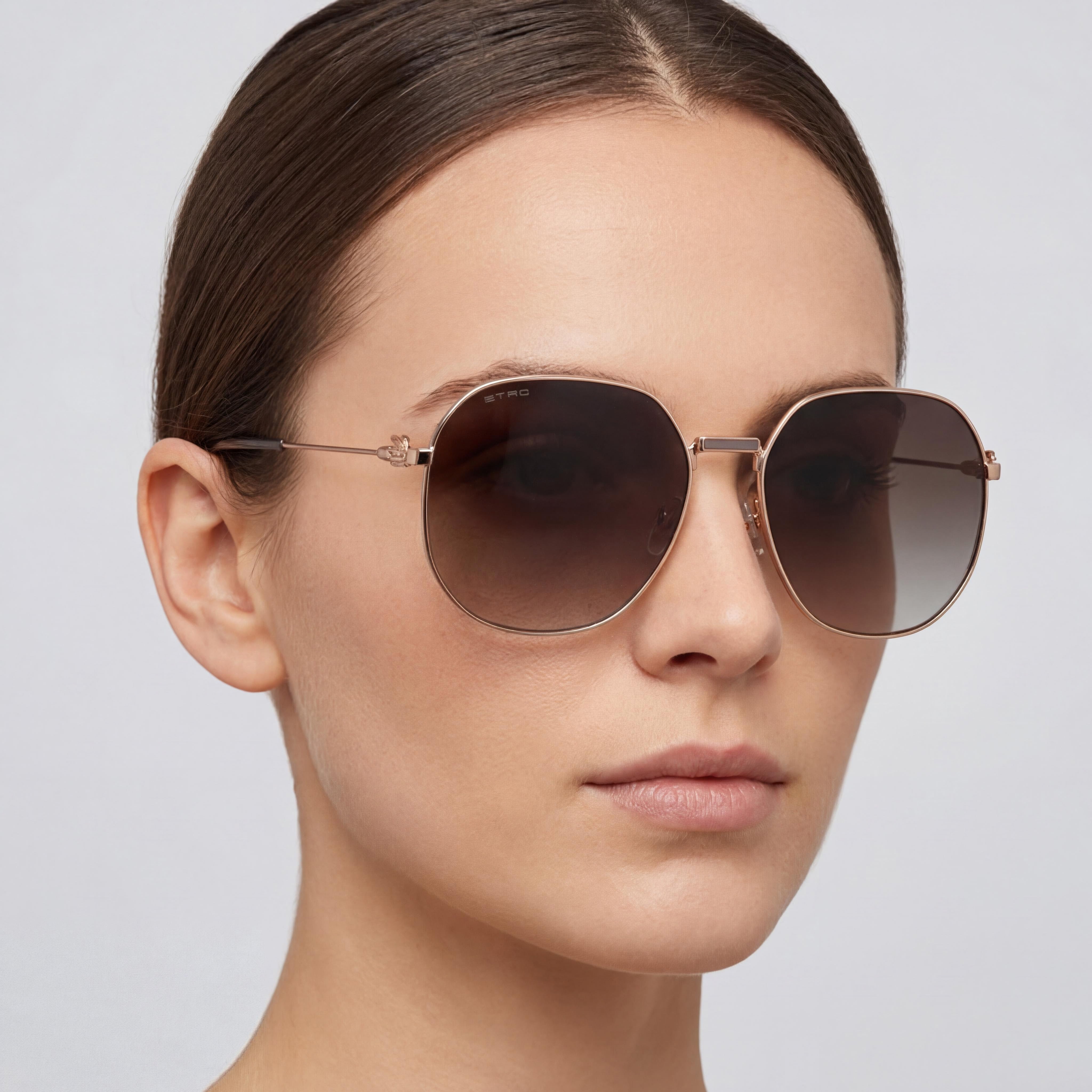 Gafas de sol Etro minimalistas para mujer con montura metálica Oro Cobre Lente burdeos naranja Ancho 60 mm, Photo 5