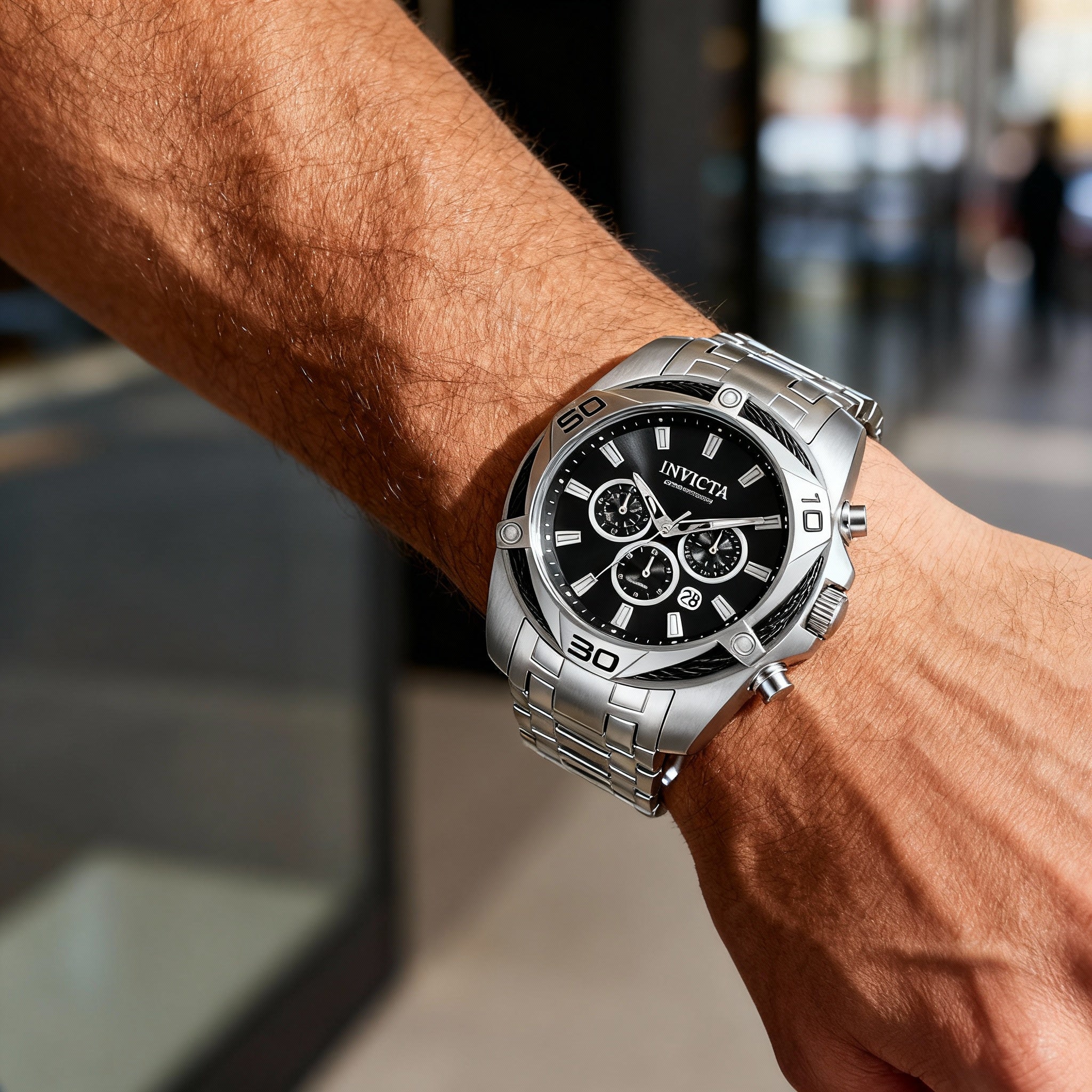 Reloj Invicta para hombre, cronógrafo de cuarzo, acero inoxidable, tono plateado, esfera negra, cristal Flame Fusion, resistente al agua hasta 100 m, 50 mm, Photo 4