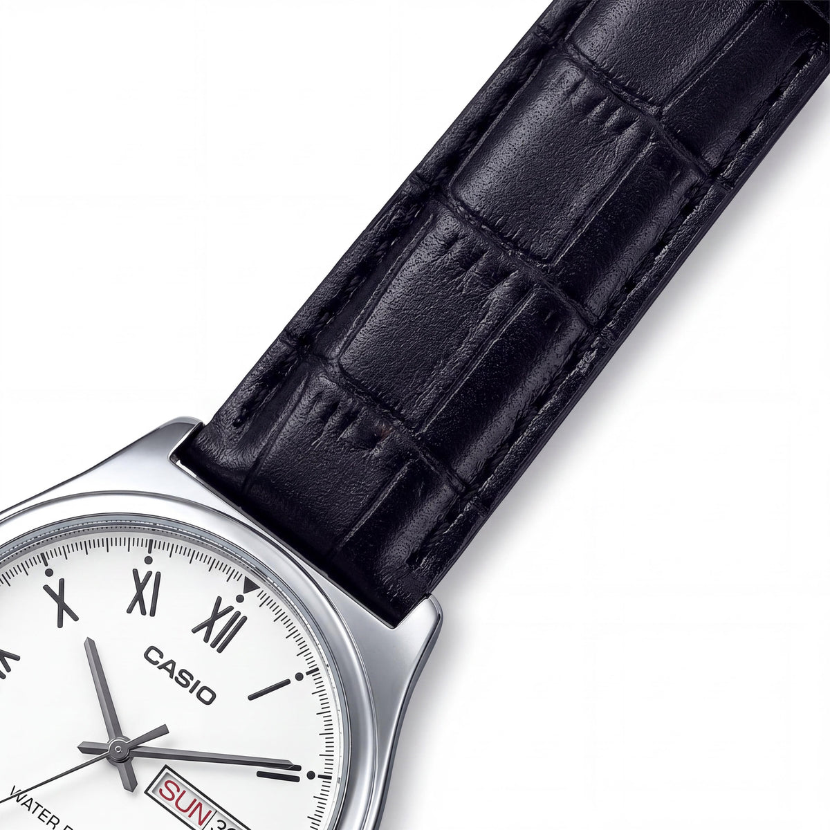 Casio mtp-v006l-7b Unisex Quartz Analog Watch, 38mm Round Case, White Dial, Black Leather Strap, Water Resistant, Photo 3
