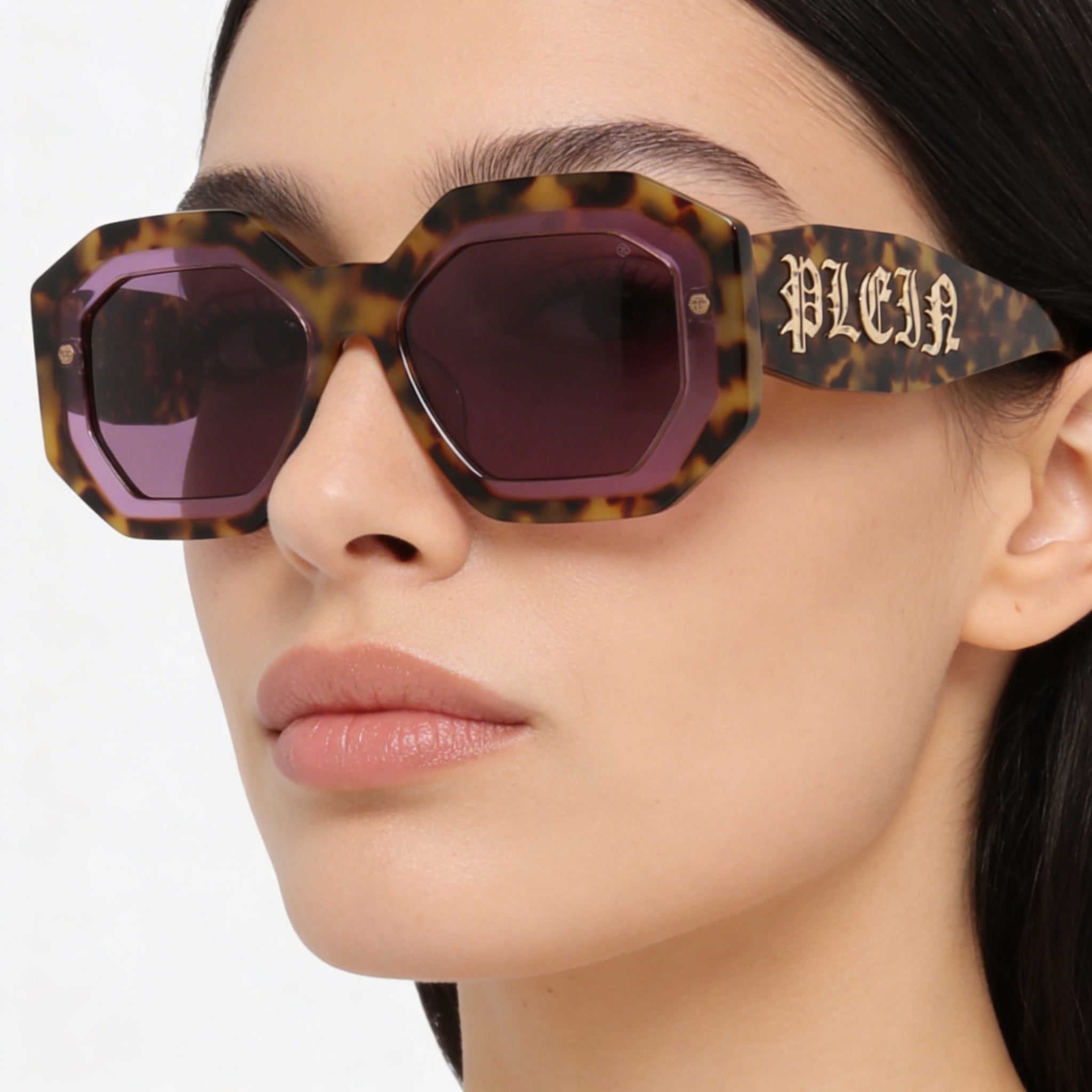 Gafas de sol Philipp Plein de plástico cuadradas/rectangulares para mujer, montura violeta habana, lentes violetas, protección UV, 53 mm, Photo 3