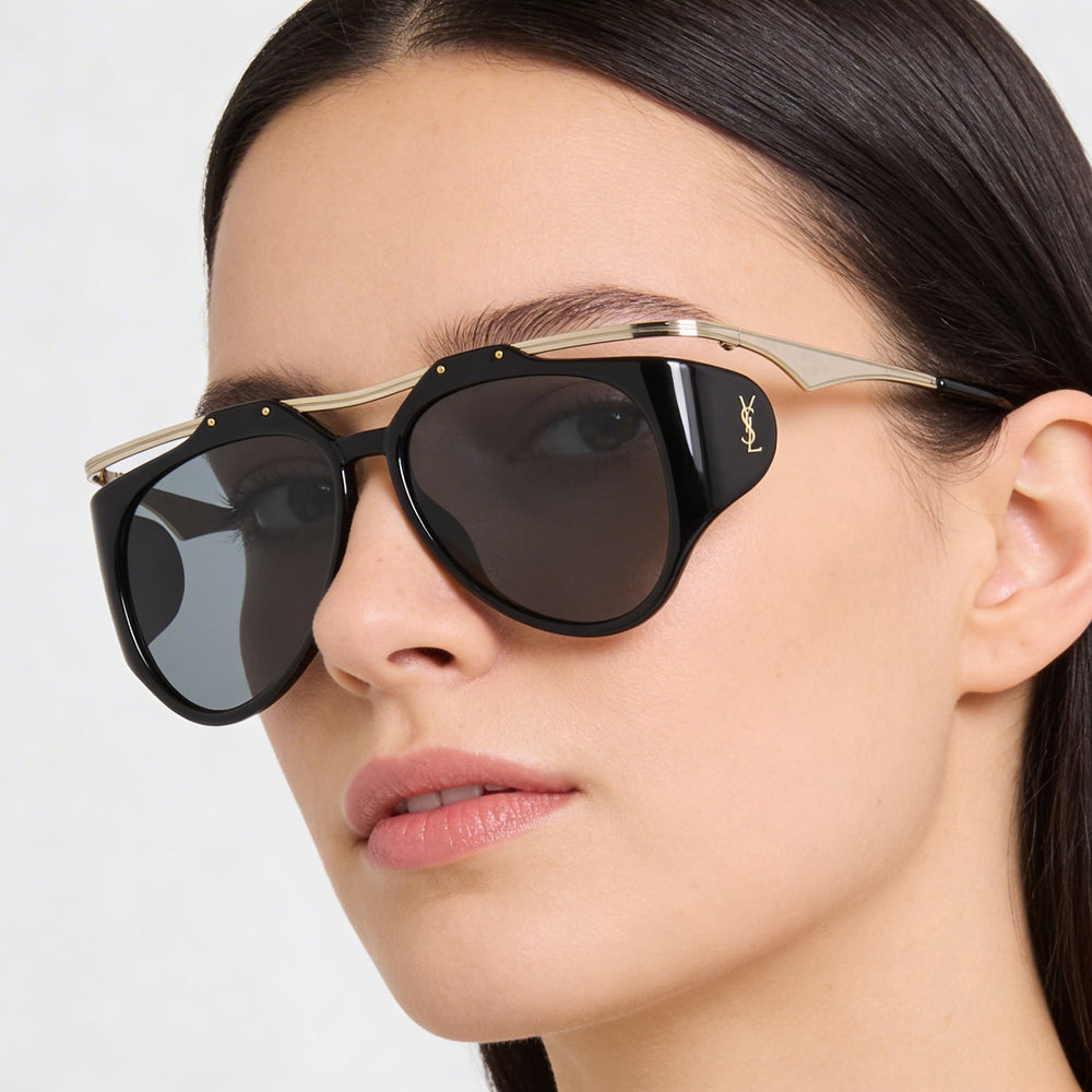 Gafas de sol de aviador Yves Saint Laurent M137 Amelia para mujer, de plástico y metal dorado, lentes negras, 55 mm