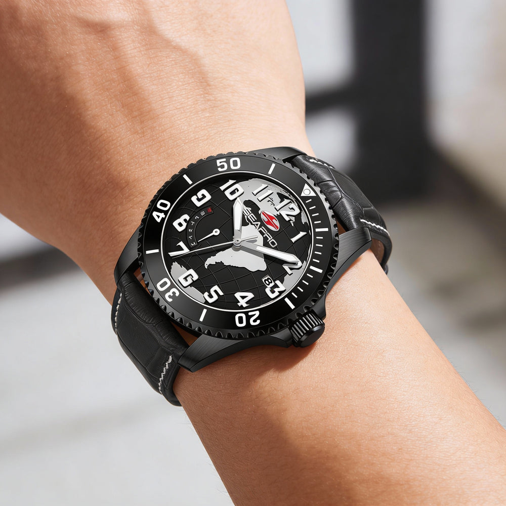 Seapro strap Men's Black Dial Quartz Watch with Stainless Steel Case, Leather Strap, Water Resistant & Scratch Resistant Mineral