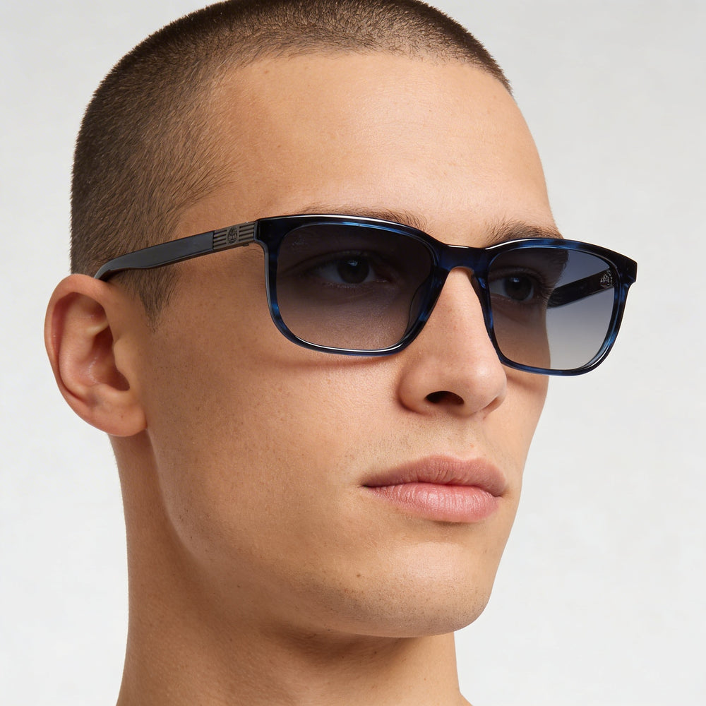 Timberland Modern Men's Shiny Blue Plastic Rectangular Frame Polarized Sunglasses, 100% UV Protection, 56mm Lens