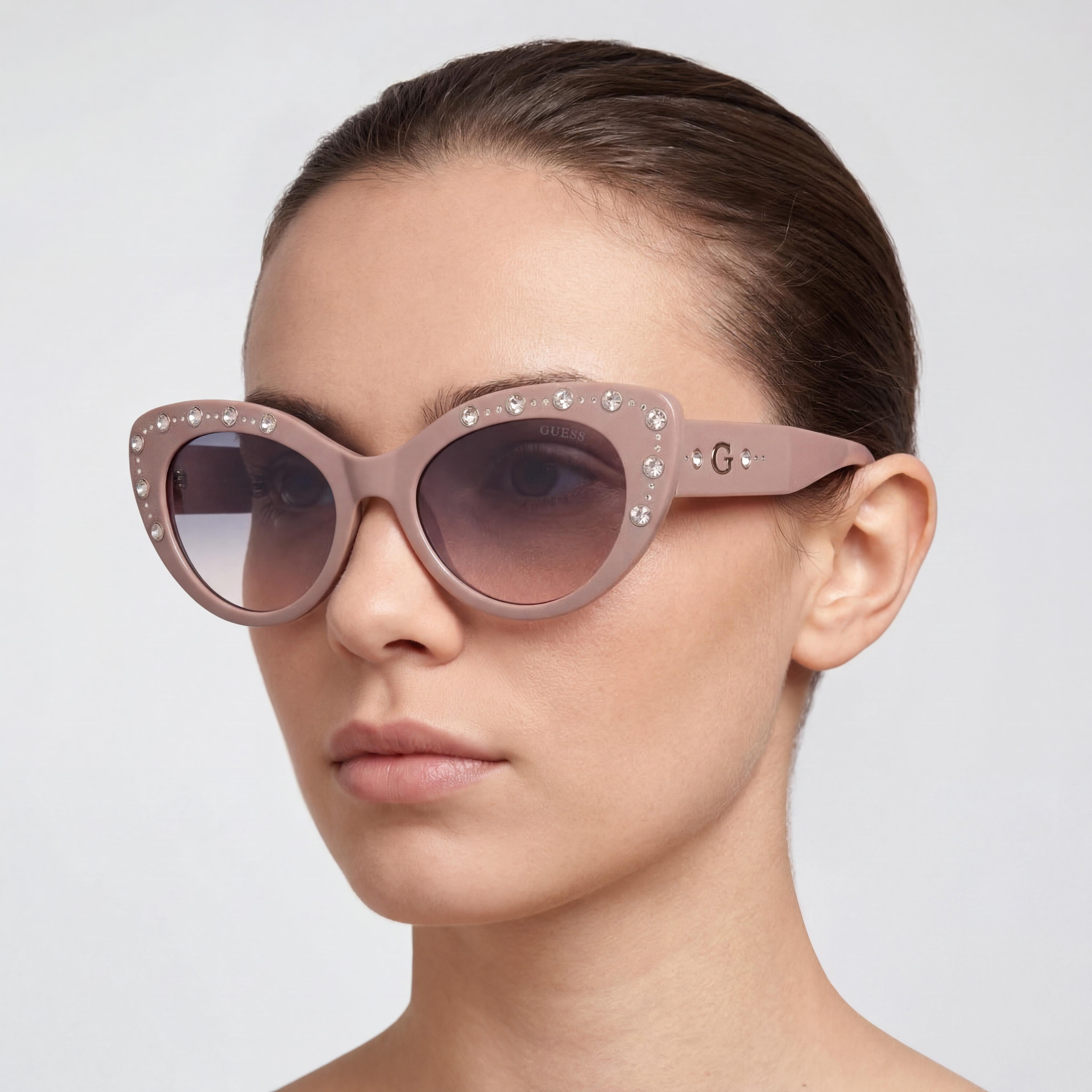 GUESS Gu00163 Unisex Cat Eye Shiny Beige Plastic Frame Sunglasses Gradient Blue Lenses 54mm UV Protected, Photo 5