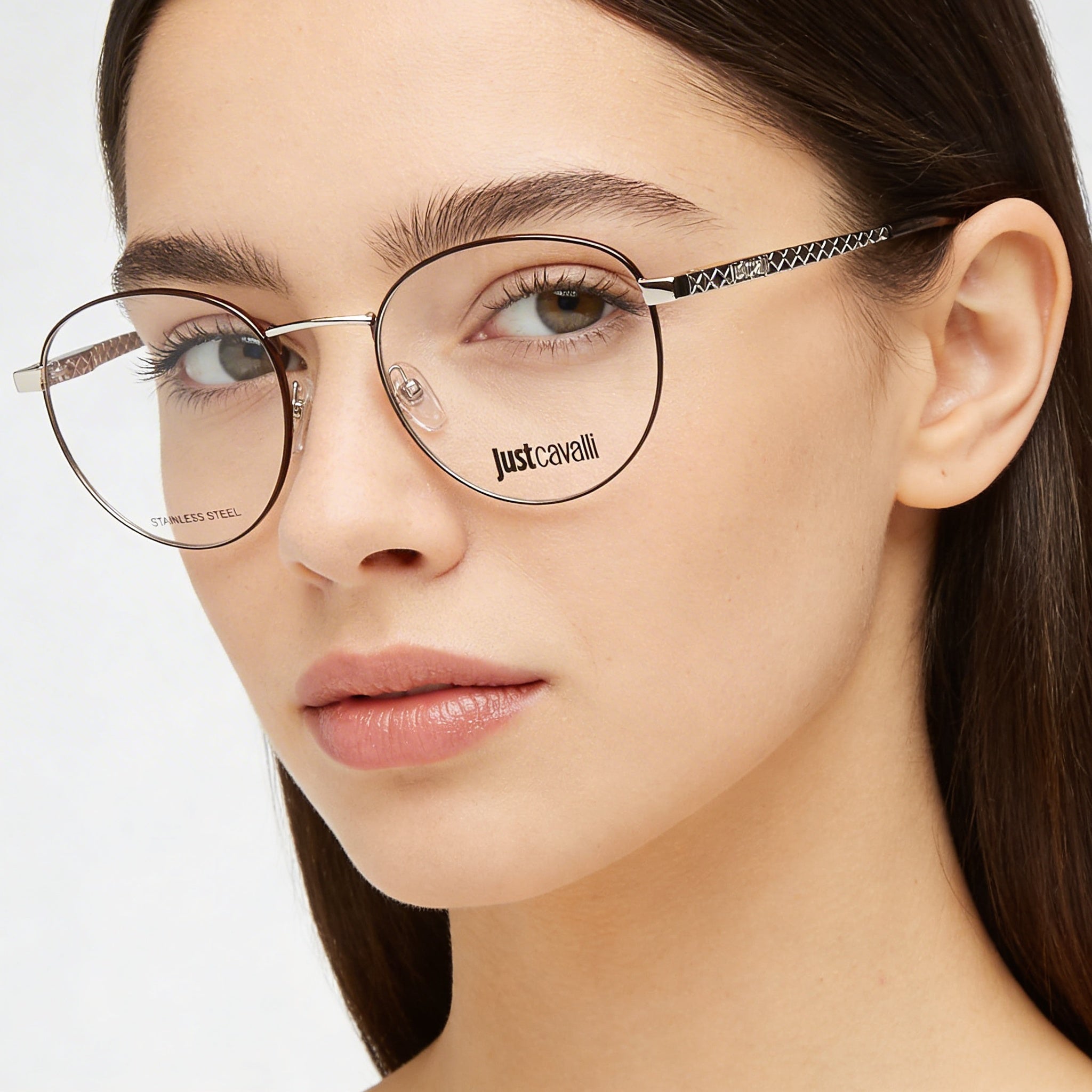 Gafas Just Cavalli clásicas para mujer con montura en paladio brillante y partes marrones, lentes de policarbonato marrones, Photo 4
