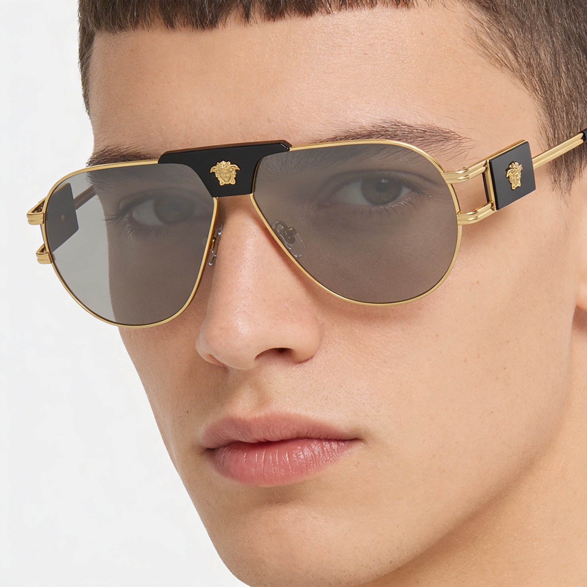 Versace Contemporary Unisex Metal Frame Sunglasses Gold Black with Light Grey Mirror Silver Lenses 63mm UV Protection, Photo 5