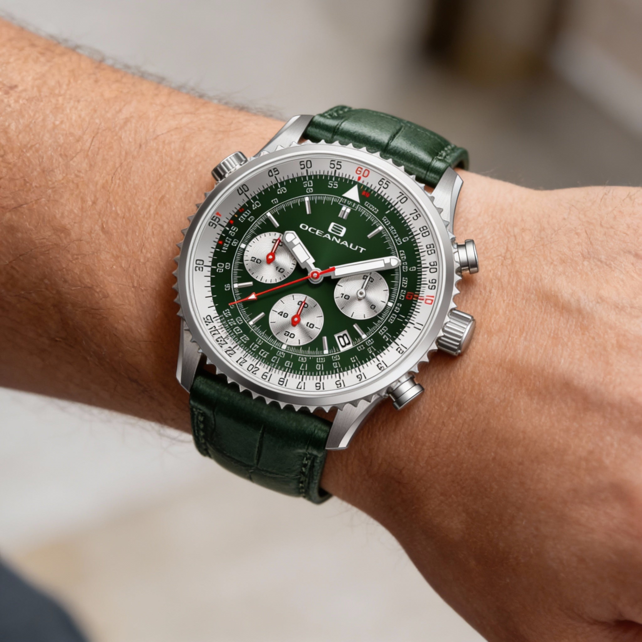 Reloj cronógrafo Oceanaut para hombre con esfera verde, caja de acero inoxidable y correa de piel., Photo 3