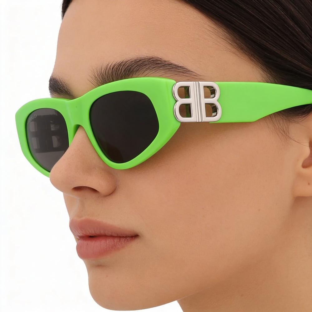 Balenciaga Women's Cat Eye Style Sunglasses with Green Silver Grey Acetate Frame and Grey Lenses 53mm