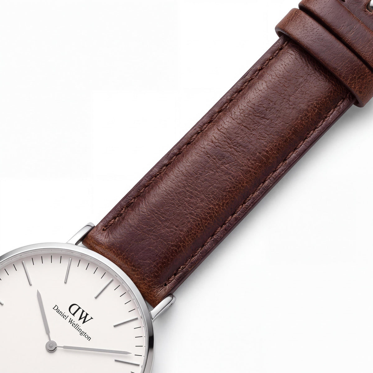 Daniel Wellington Men's Fashion Quartz Watch, Round Stainless Steel Case, Brown Leather Band, White Dial, 40mm, Photo 3