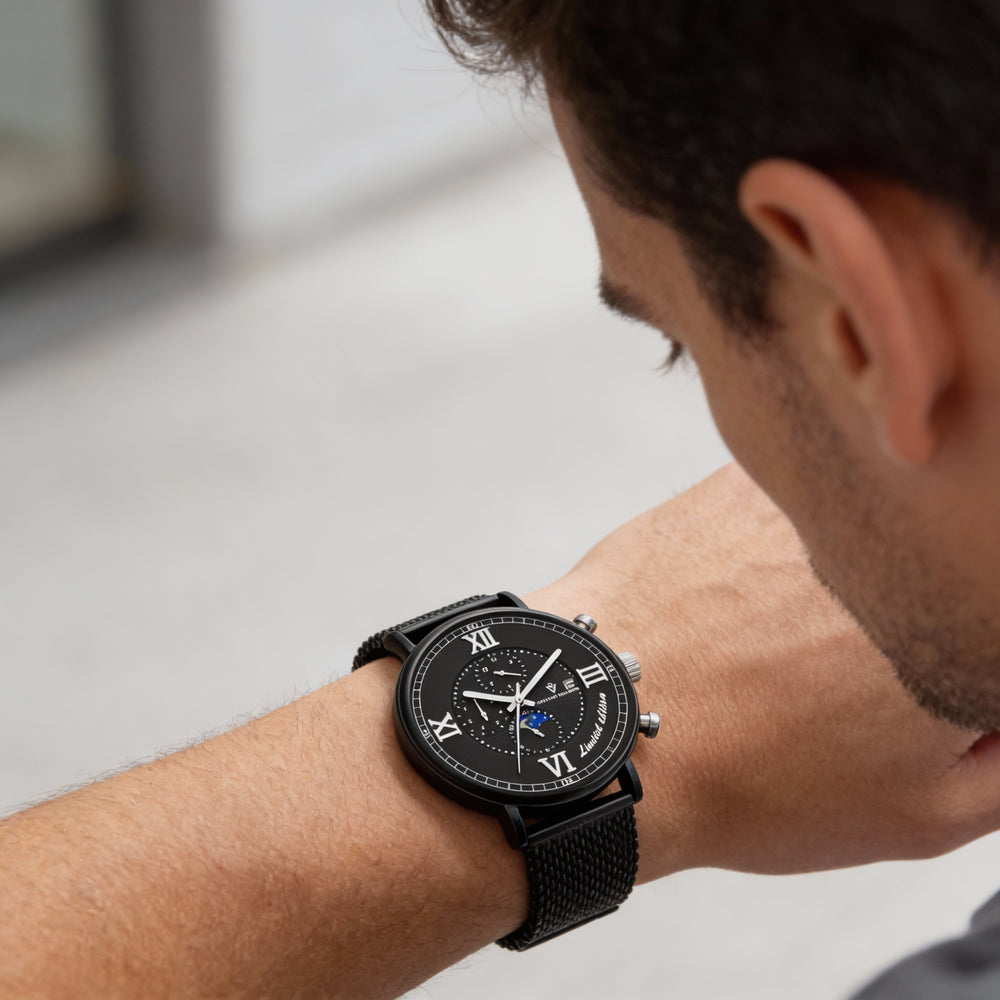 Christian Van Sant bracelet Men's Automatic Movement Black Dial Stainless Steel Case Mesh Bracelet Water Resistant Watch