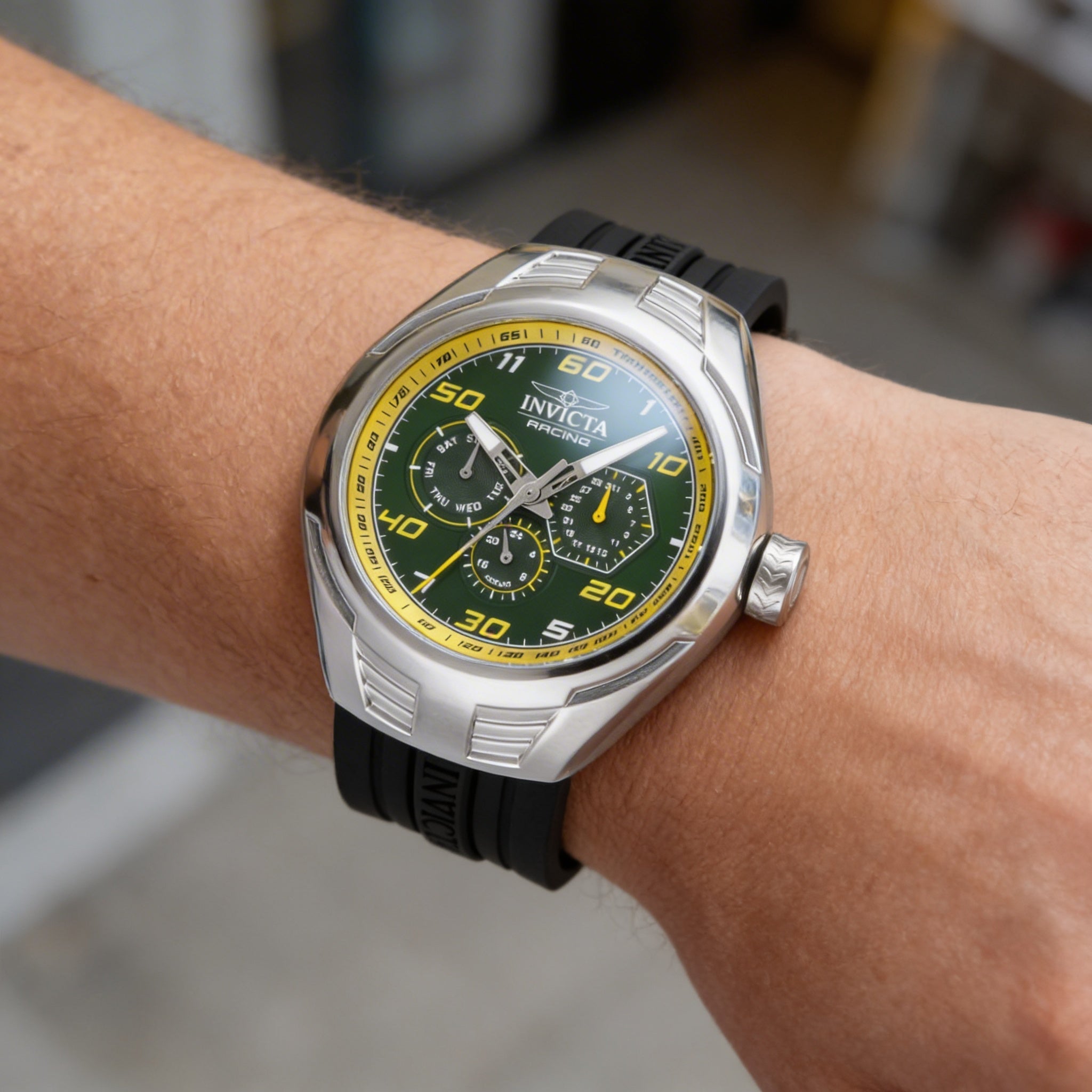 Invicta Racing 47728 Unisex Chronograph Quartz 46mm Silver Stainless Steel Green Dial Silicone Strap Watch, Photo 3