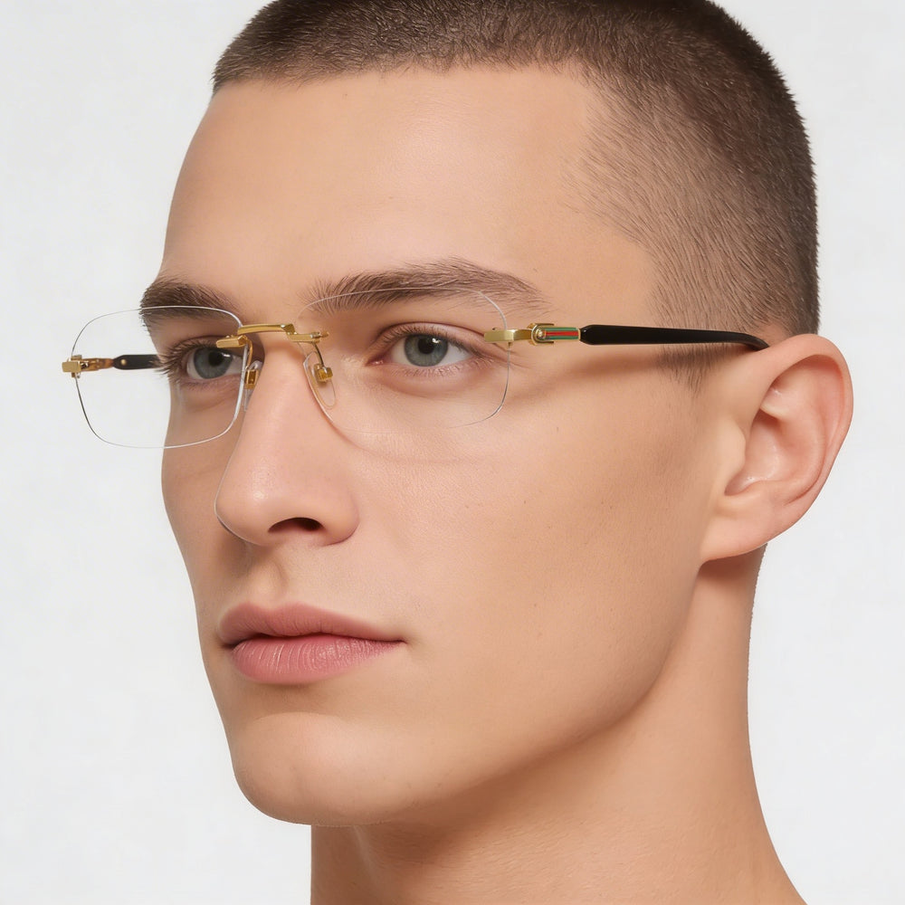 Gucci GG1221O Men's Metal Modern Rimless Rectangle Clear Lens Eyeglasses 56mm Gold Black
