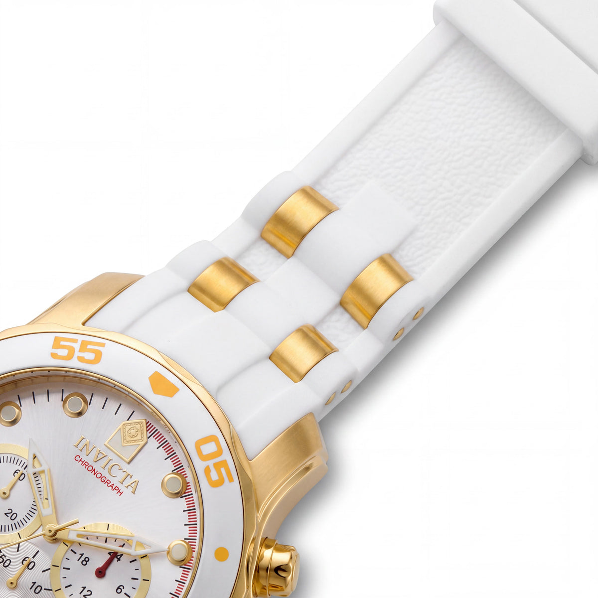 Reloj Invicta para hombre Diver de cuarzo, de acero inoxidable tono dorado, banda de silicona blanca, cronógrafo luminoso, cristal Flame Fusion, 48 mm, Photo 3
