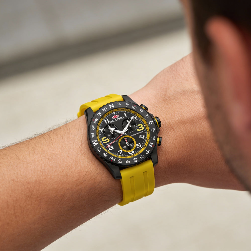 Seapro Men's Black Quartz Chronograph Watch - Stainless Steel Case, Rubber Strap, 10 ATM Water Resistant