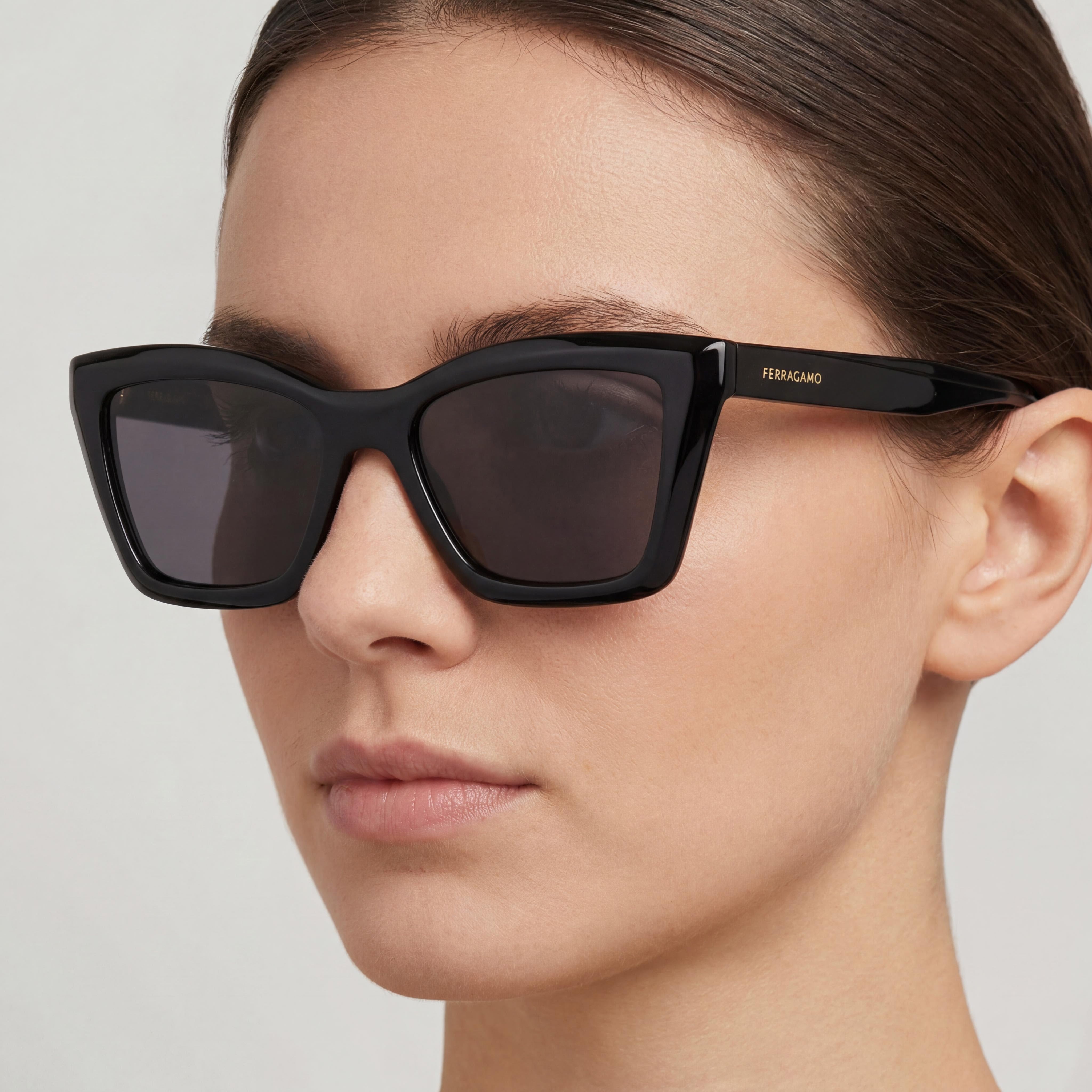 Ferragamo Model Sf2039se Women's Black Acetate Frame Eyewear with Solid Grey Plastic Lenses, Size 53-17-145mm, Photo 5