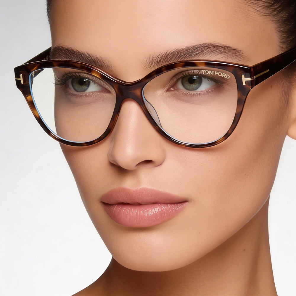 Tom Ford FT5954-B Gafas de bloqueo de luz azul de plástico con forma de ojo de gato para mujer, color habana 54 mm