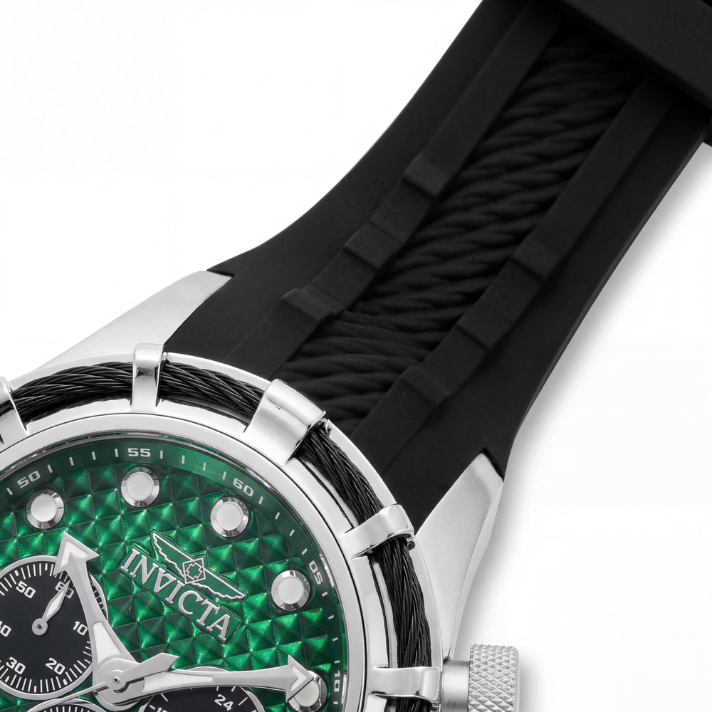 Invicta Bolt 49165 Reloj unisex de cuarzo cronógrafo, caja de acero inoxidable plateada de 50 mm, esfera verde, correa de silicona
