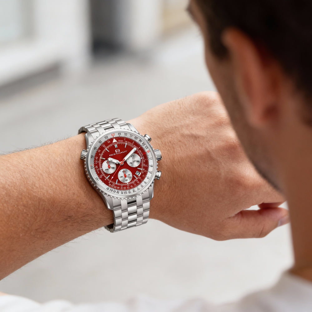 Reloj Oceanaut para hombre, con esfera roja, caja y pulsera de acero inoxidable, de cuarzo, resistente al agua hasta 10 ATM.