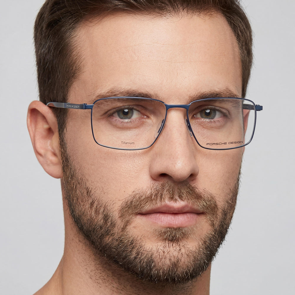 Gafas de titanio azul y negro para hombre Porsche con lentes transparentes de policarbonato, 57 mm de ancho de lente