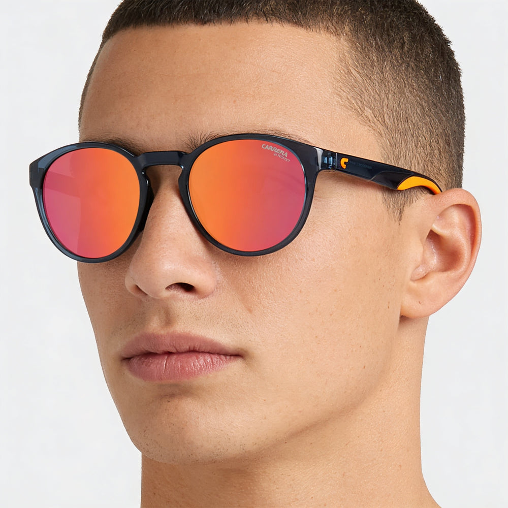 Gafas de sol Carrera 8056/S para hombre, montura azul pulida, lentes de espejo rojo fuego, protección UV, 51-22-145
