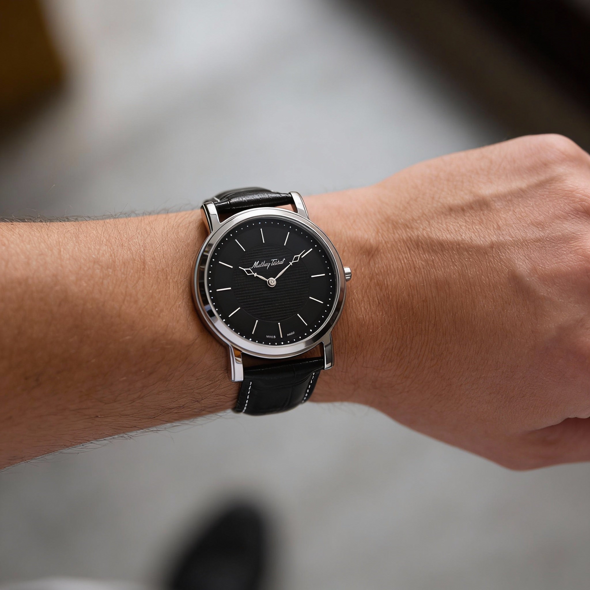 Mathey-Tissot Quartz Movement Men's Black Dial Stainless Steel Case Water Resistant Leather Strap Watch, Photo 5