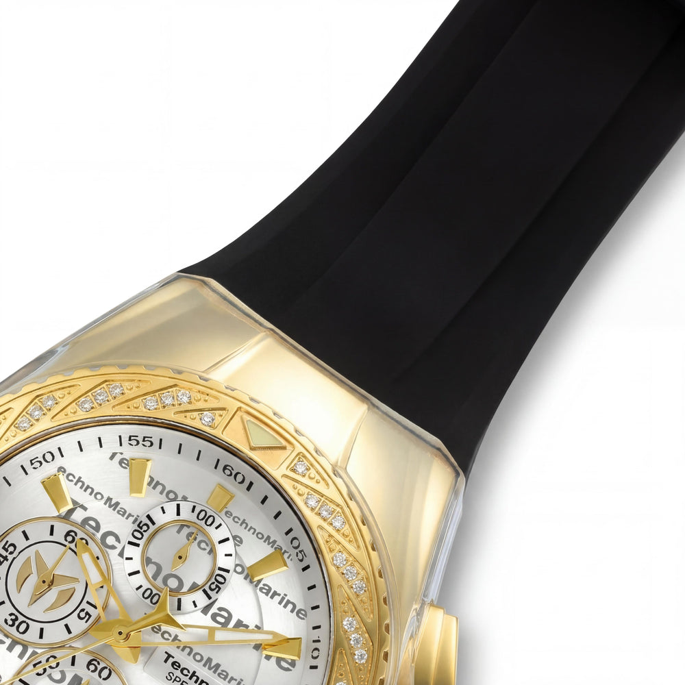 Reloj de cuarzo negro TechnoMarine para hombre, caja de 44,5 mm, que brilla en la oscuridad, correa de silicona, resistente al agua hasta 200 m