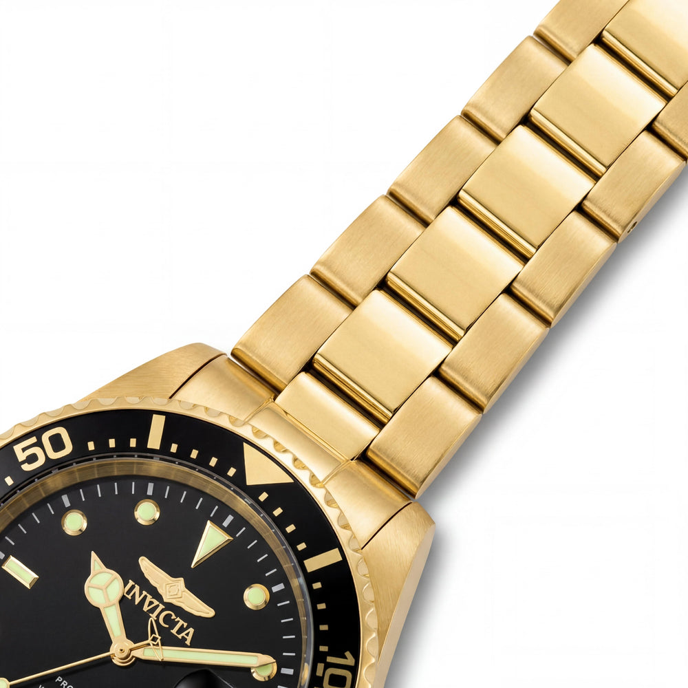 Invicta 22019 Reloj para hombre Pro Diver de acero inoxidable tono dorado con bisel negro, ventana de fecha magnificada, resistente al agua 200M