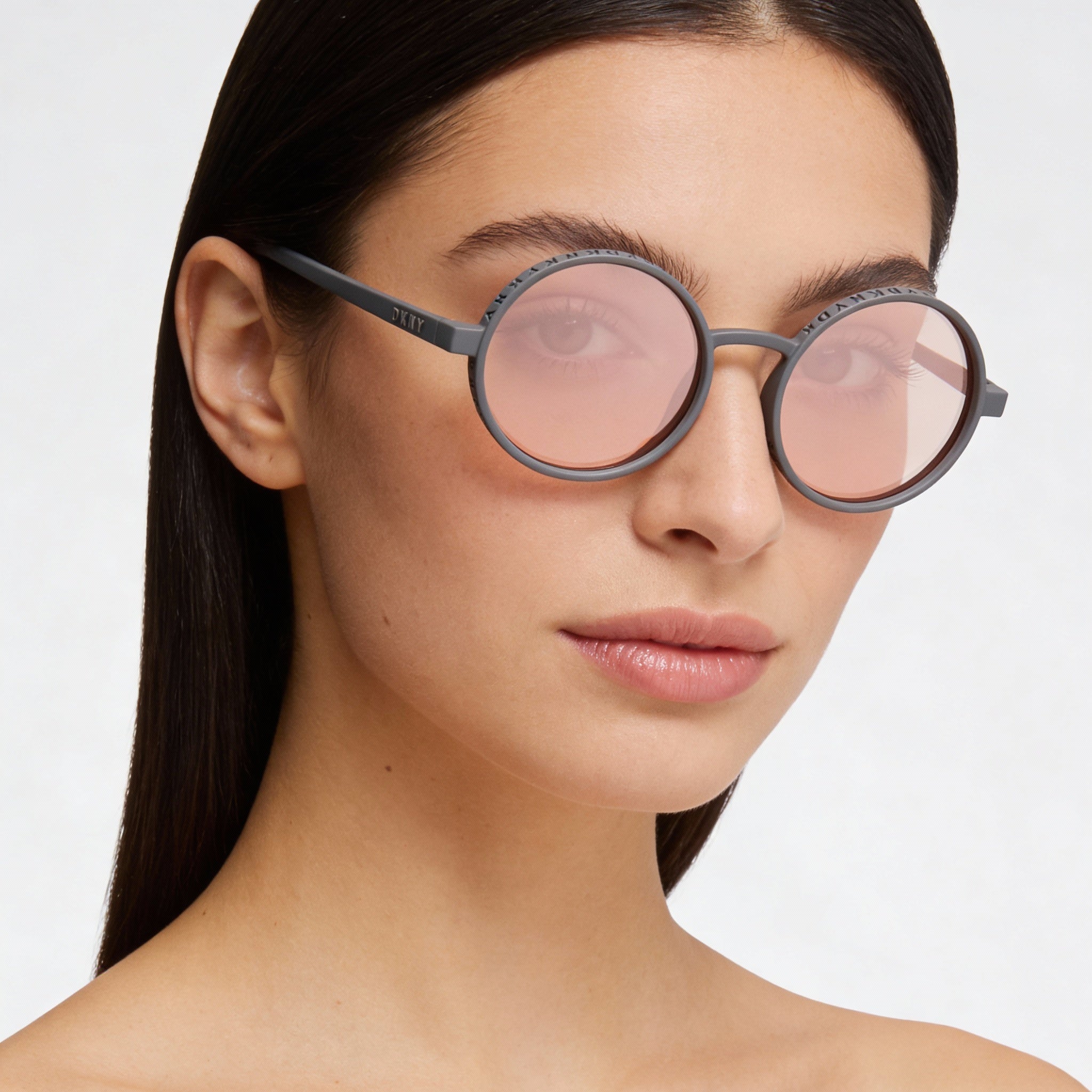 DKNY Classic Retro-Round Women's Grey Injected Frame Sunglasses with Blush Mirror Lenses 53mm UV Protection, Photo 5