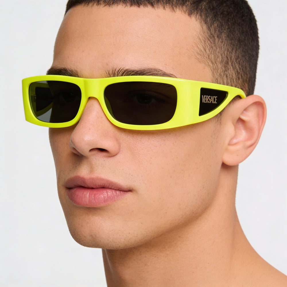 Versace Rectangle Men's Yellow Fluo Plastic Frame Sunglasses with 100% UV Dark Grey Lenses 57mm