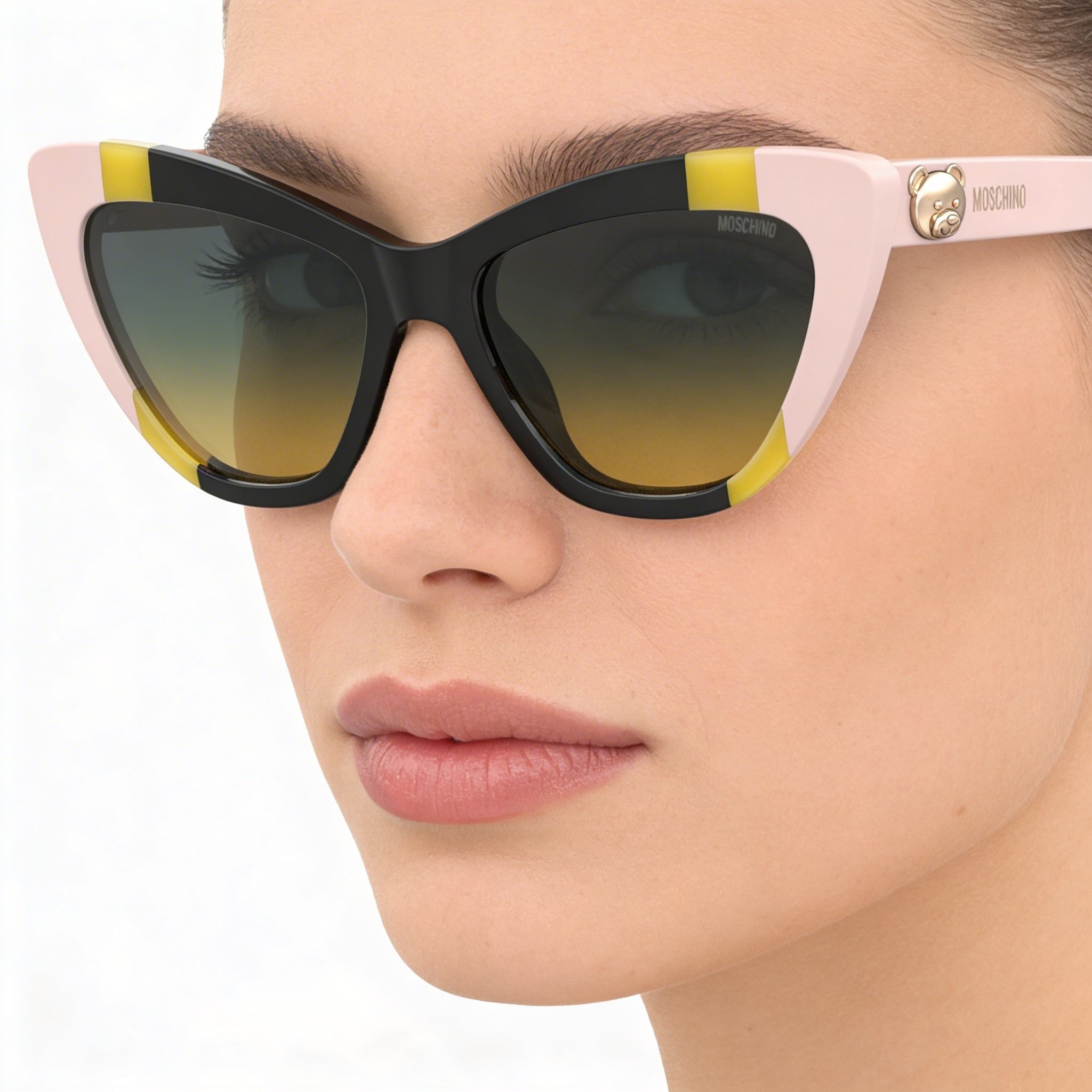 Moschino Mos122/S Women's Cat Eye Plastic Frame Sunglasses with 100% UV Protection, Black Yellow Frame, Grey Shaded Green Lenses 53mm, Photo 5