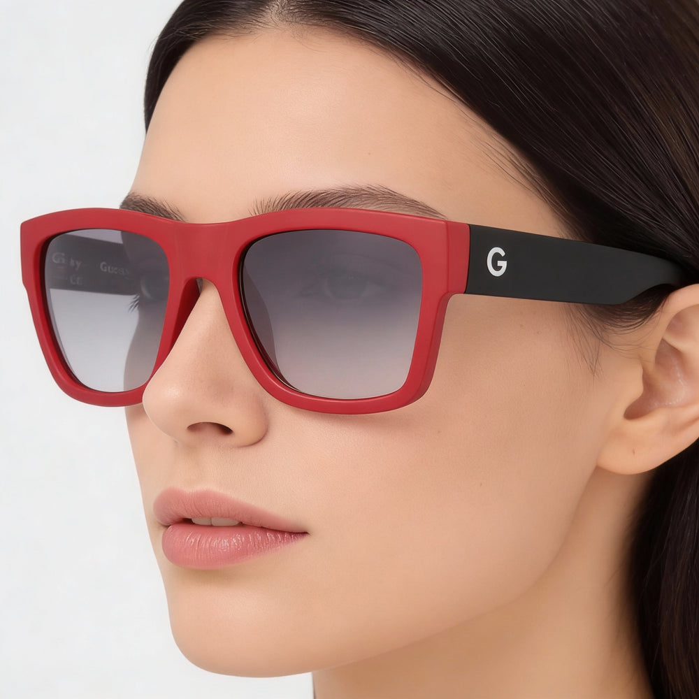 GUESS Classic Women's Red Plastic Frame Sunglasses, Smoke Non-Polarized Composite Lenses with UV400 Protection