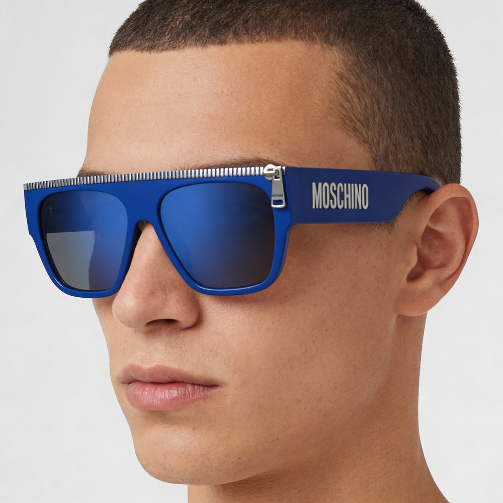 Moschino Casual Men's Blue Polyamide Non-Polarized Sunglasses Blue Sky Mirror 56-16-145