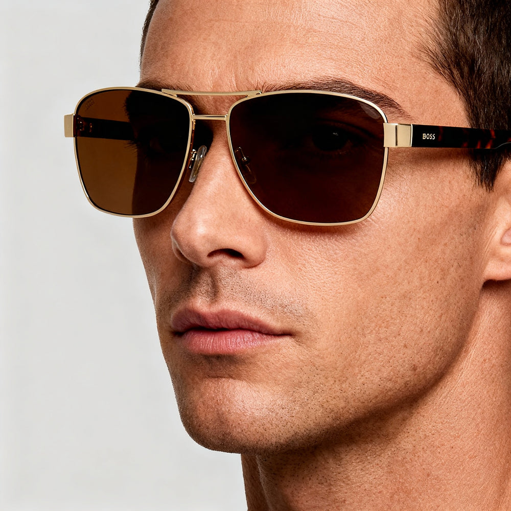 Gafas de sol polarizadas Hugo Boss 1559/O/S para hombre con montura metálica dorada y marrón, lentes marrones, 60-15-140 mm