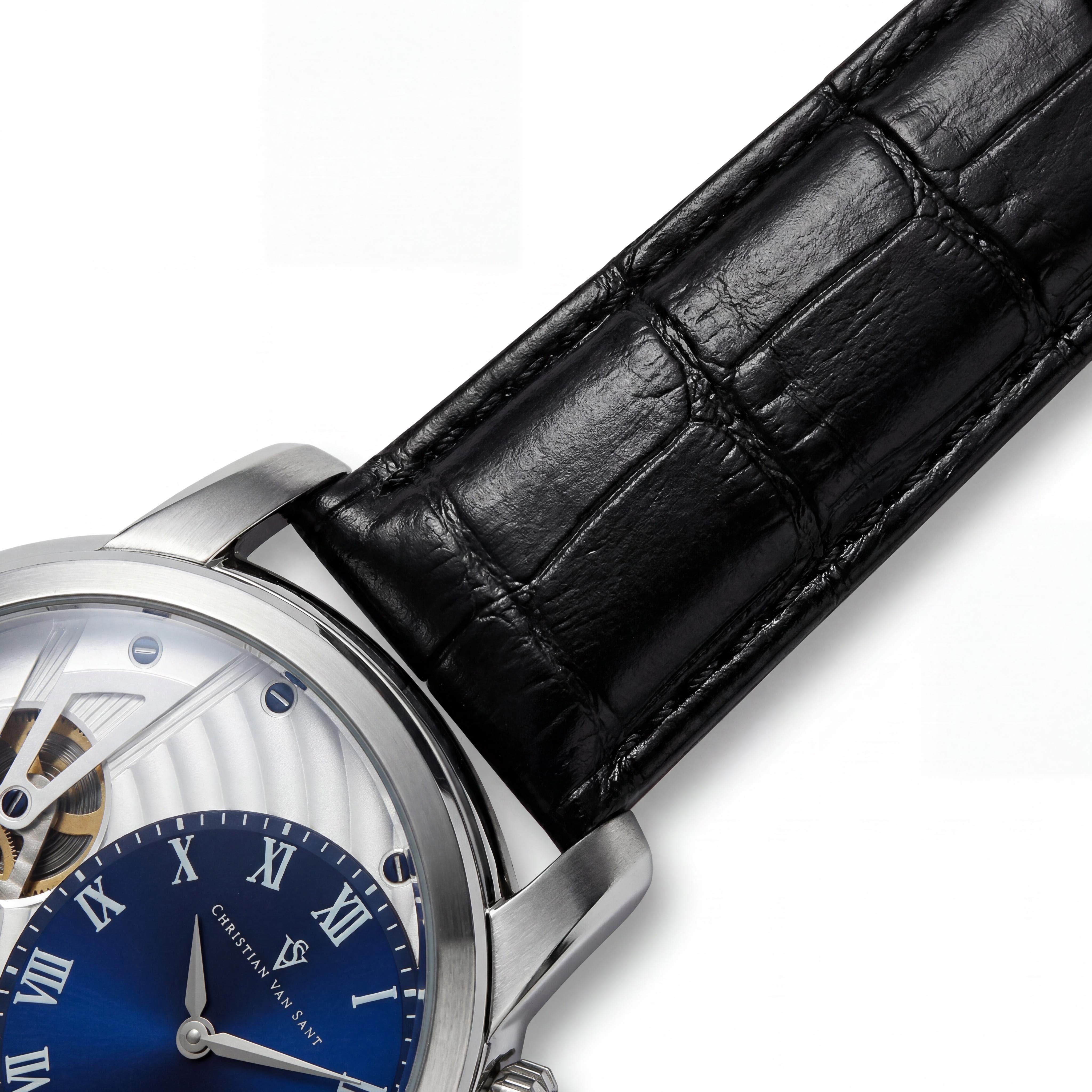 Reloj Christian Van Sant Sprocket Auto-Quartz para Hombre, Esfera Azul, Caja de Acero Inoxidable, Correa de Cuero, Sumergible 10 ATM, Photo 3