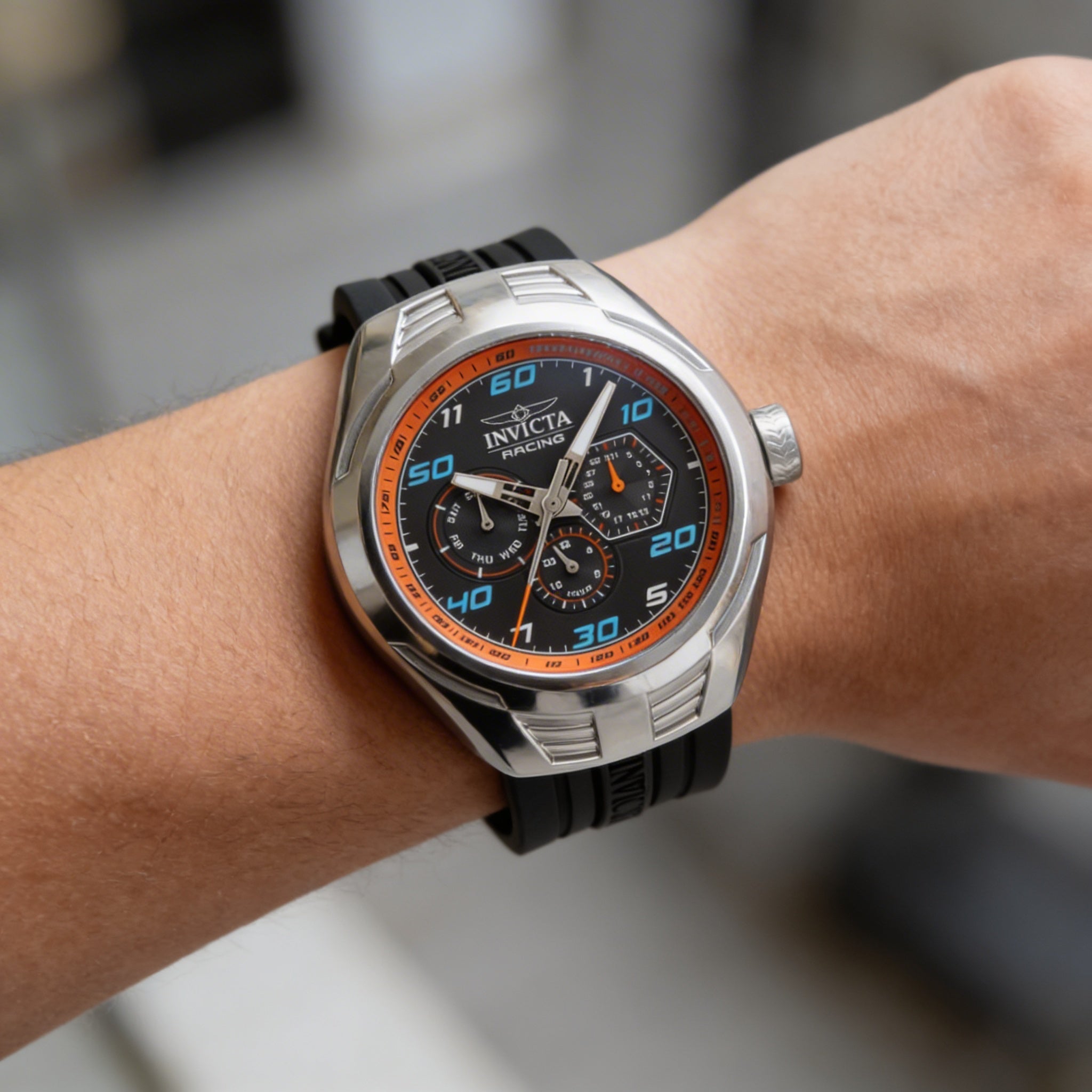 Invicta Racing 47725 Men's Chronograph Quartz Wrist Watch with Silver Case, Black Dial, and Silicone Strap, 46mm, Photo 2