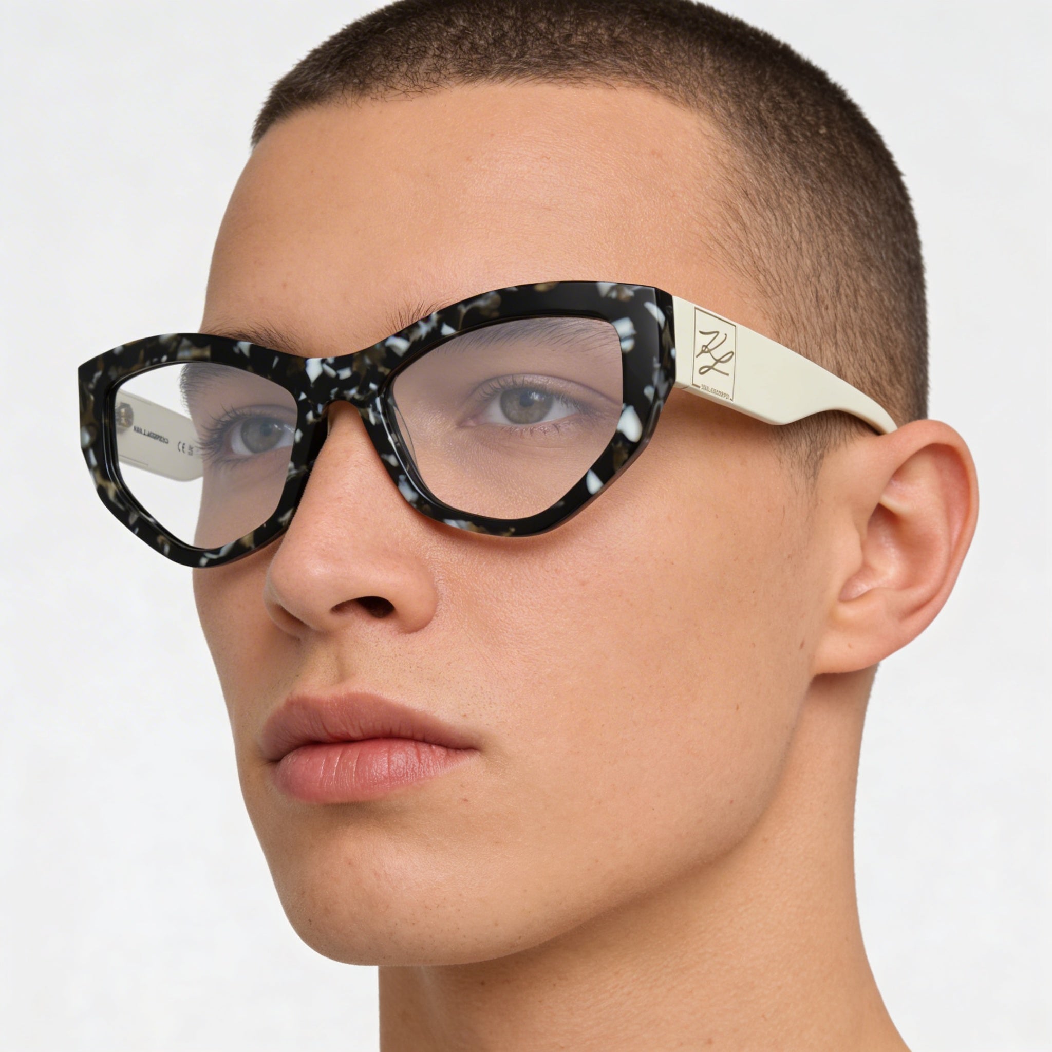 Gafas KARL LAGERFELD Kl6211 Unisex con montura de acetato negro mármol y lentes de policarbonato transparente de 55 mm, Photo 4