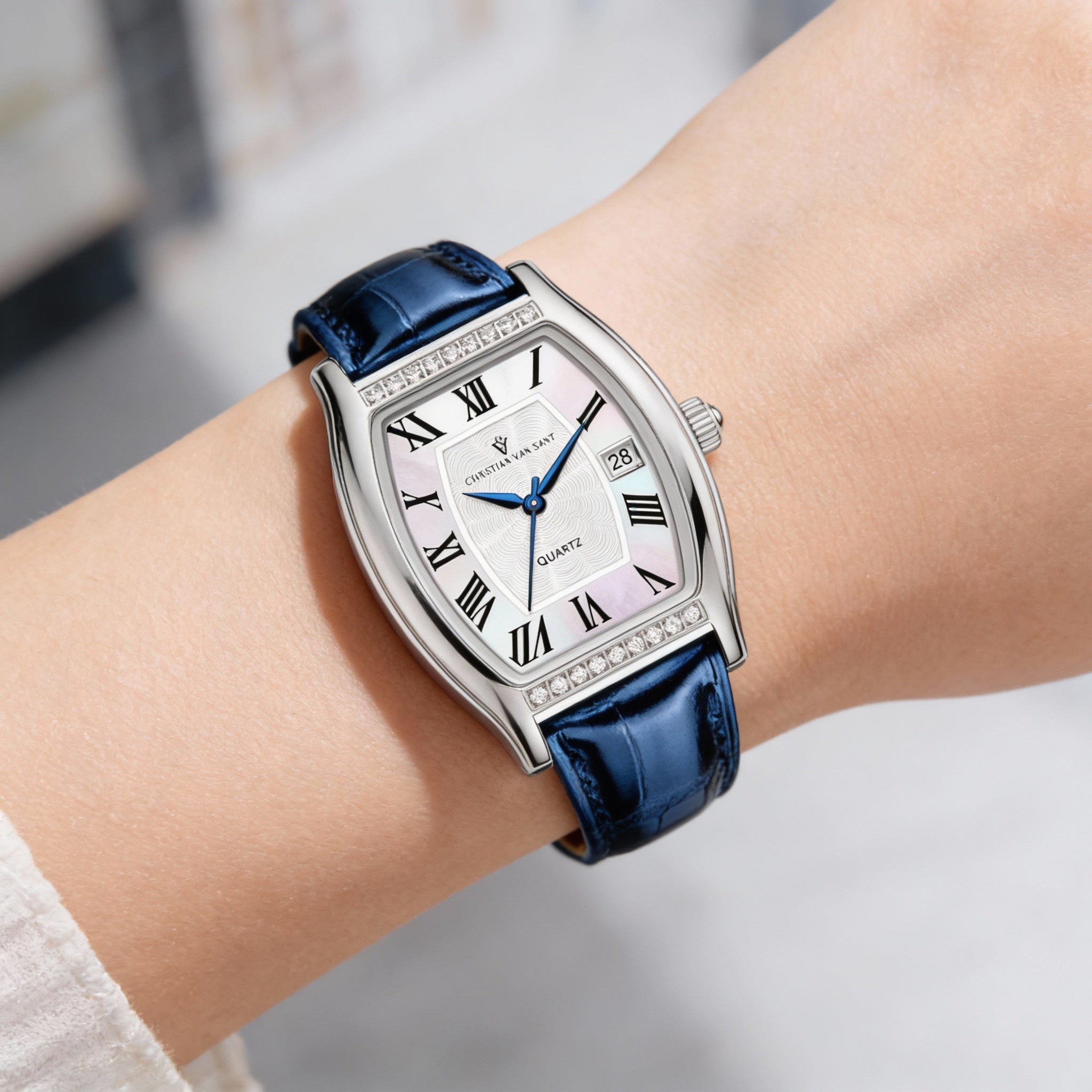 Reloj Christian Van Sant para mujer, de cuarzo, resistente al agua, con correa de piel y acero inoxidable, esfera blanca, Photo 3