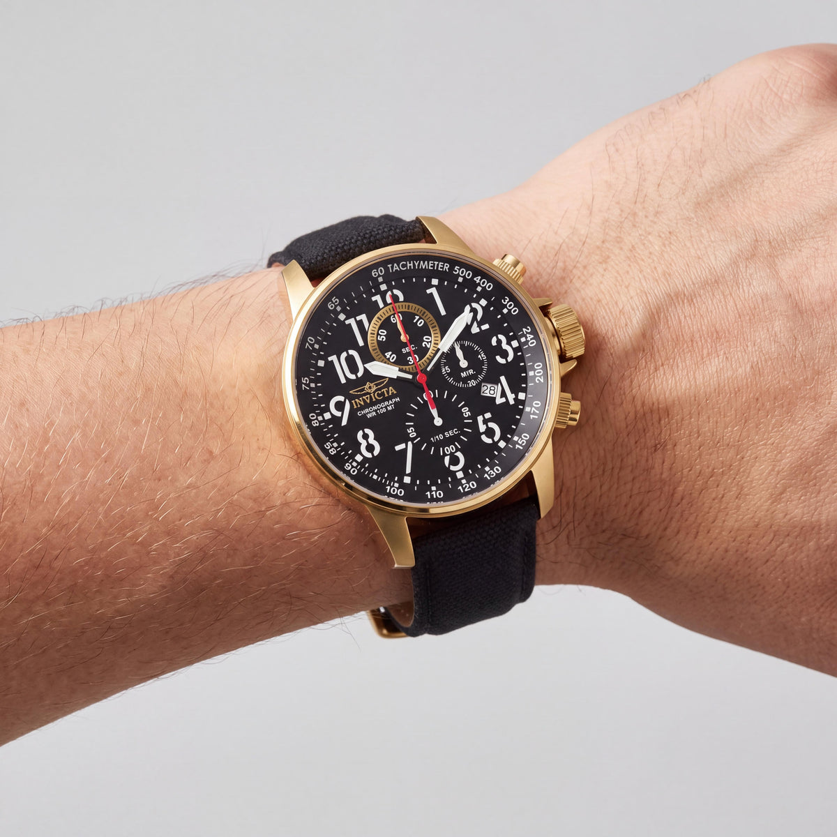 Invicta Force 1515 Unisex Chronograph 18k Gold-Tone Stainless Steel Black Canvas Leather Watch 45mm, Photo 4