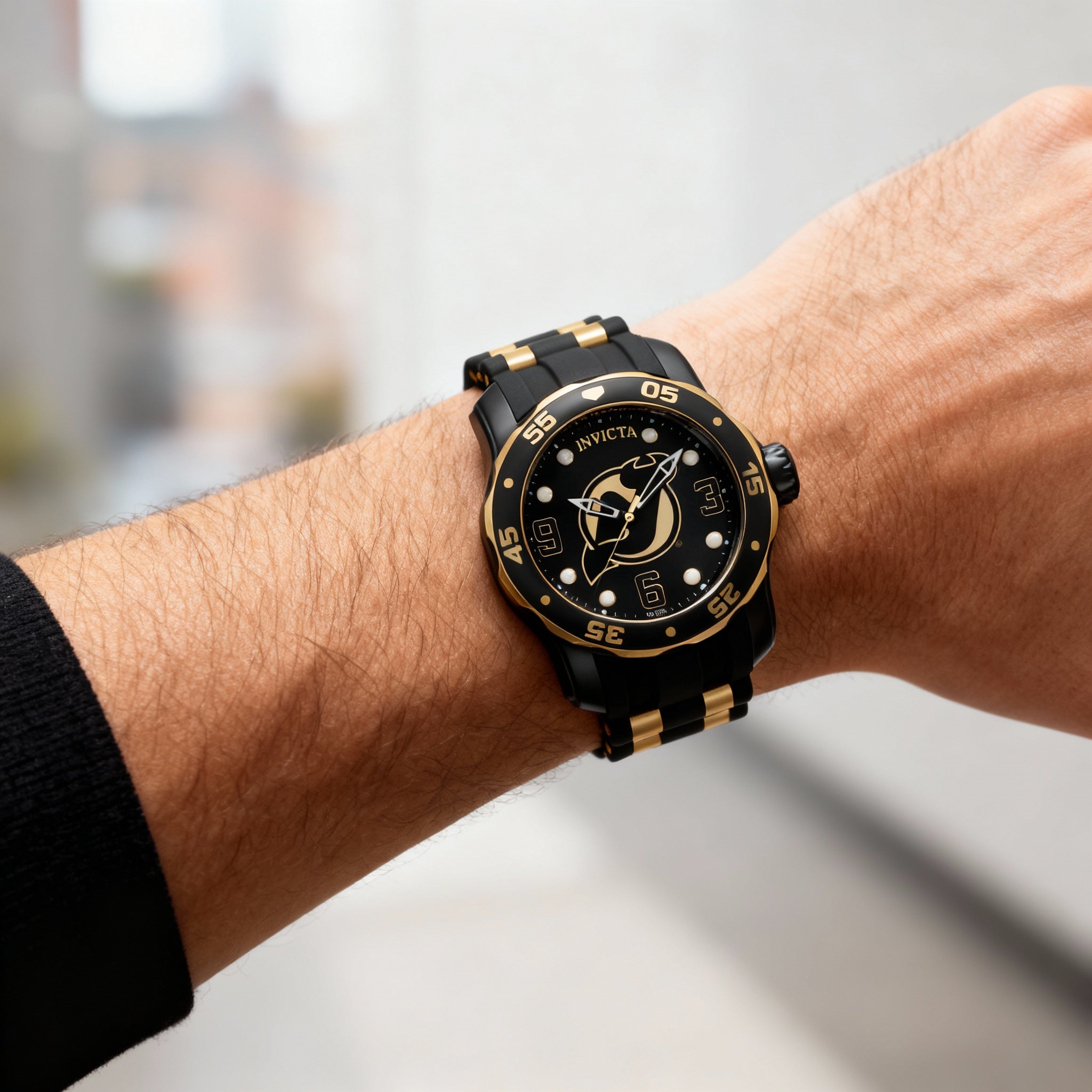 Invicta Men's 42310 NHL New Jersey Devils Quartz Watch, Black & Gold Stainless Steel Silicone, 48mm, Photo 4
