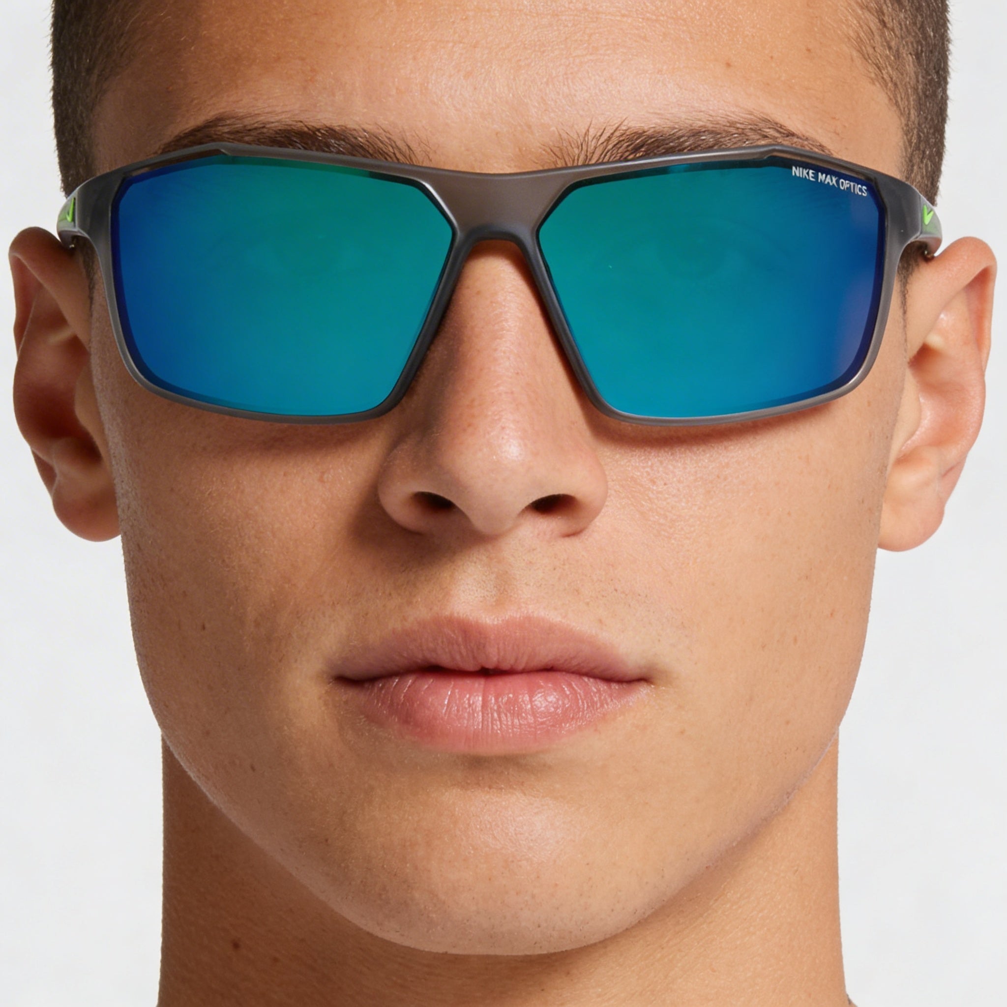 Nike Casual Men's UV Protected Plastic Frame Sunglasses, Matte Dark Grey Green with Blue Multicolor Lenses, 65mm, Photo 5