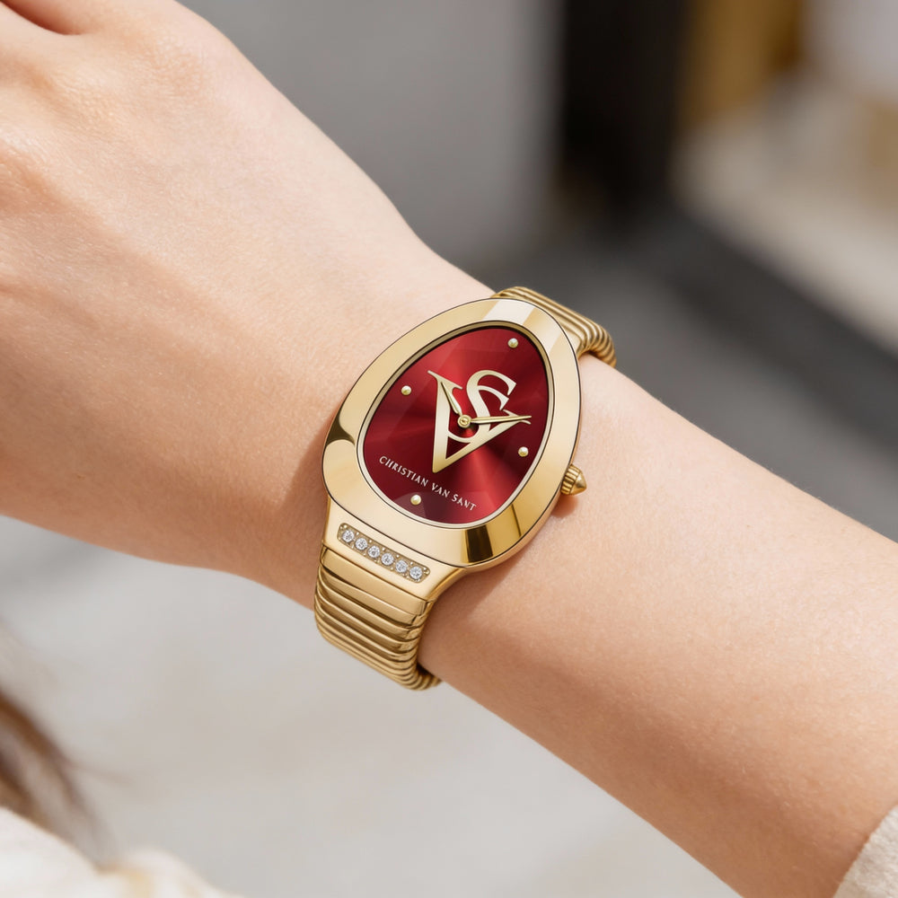 Pulsera Christian Van Sant para mujer, caja y pulsera de acero inoxidable, esfera roja, cuarzo, resistente al agua.