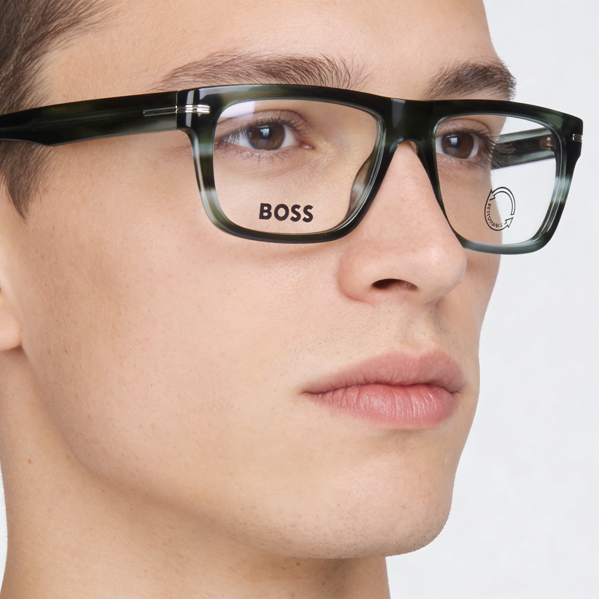Montura de acetato de cuerno verde unisex moderna de Hugo Boss con lentes de acetato iridio y protección UV de 53 mm, Photo 4