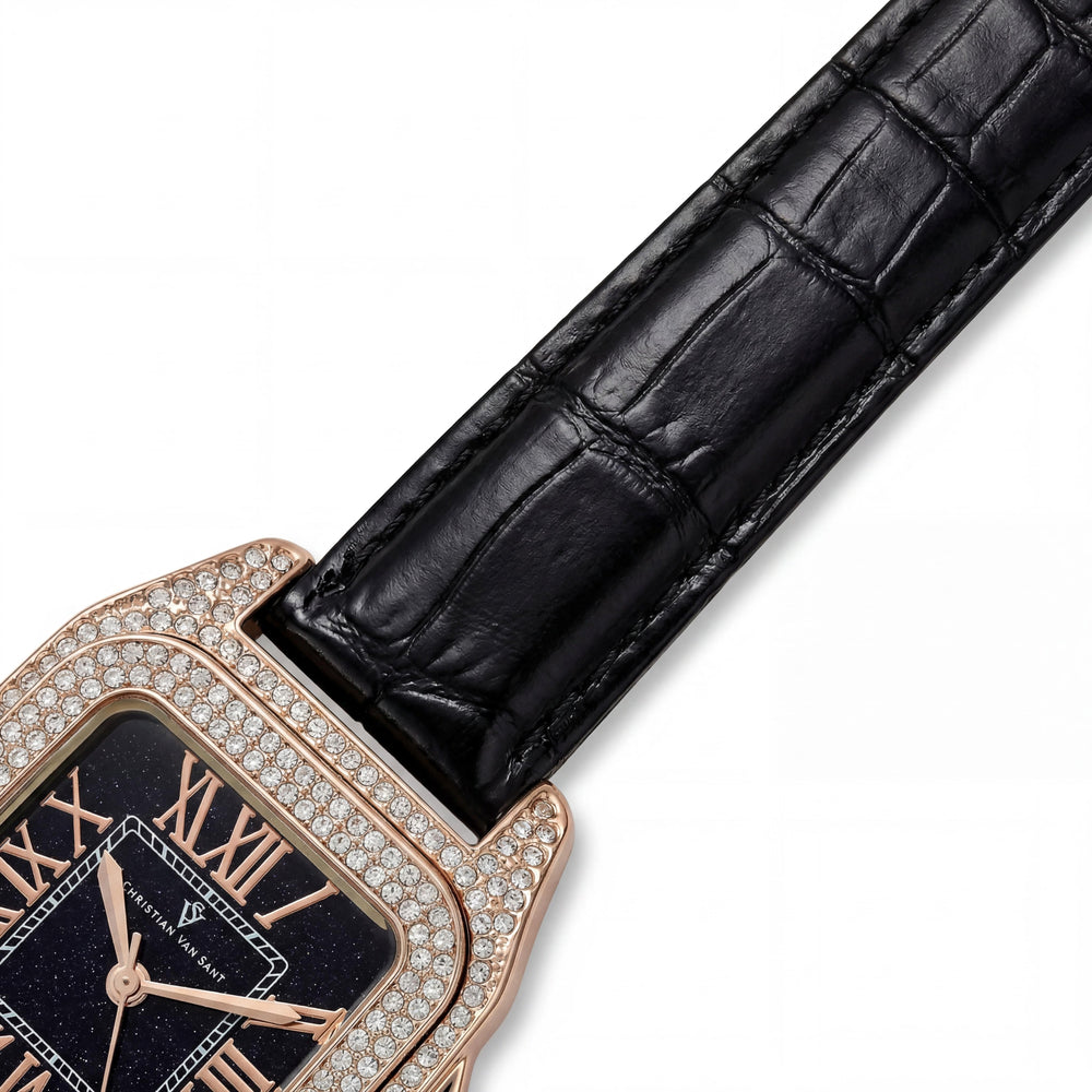 Reloj de mujer Christian Van Sant CV4425 con movimiento de cuarzo, cristales en el bisel, caja de latón negra, esfera negra, correa de cuero