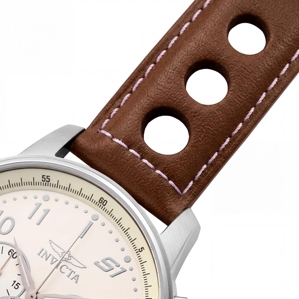 Invicta S1 Rally 25724 Reloj de hombre, acero inoxidable tono plateado, esfera marfil, correa de cuero marrón, taquímetro, 48 mm