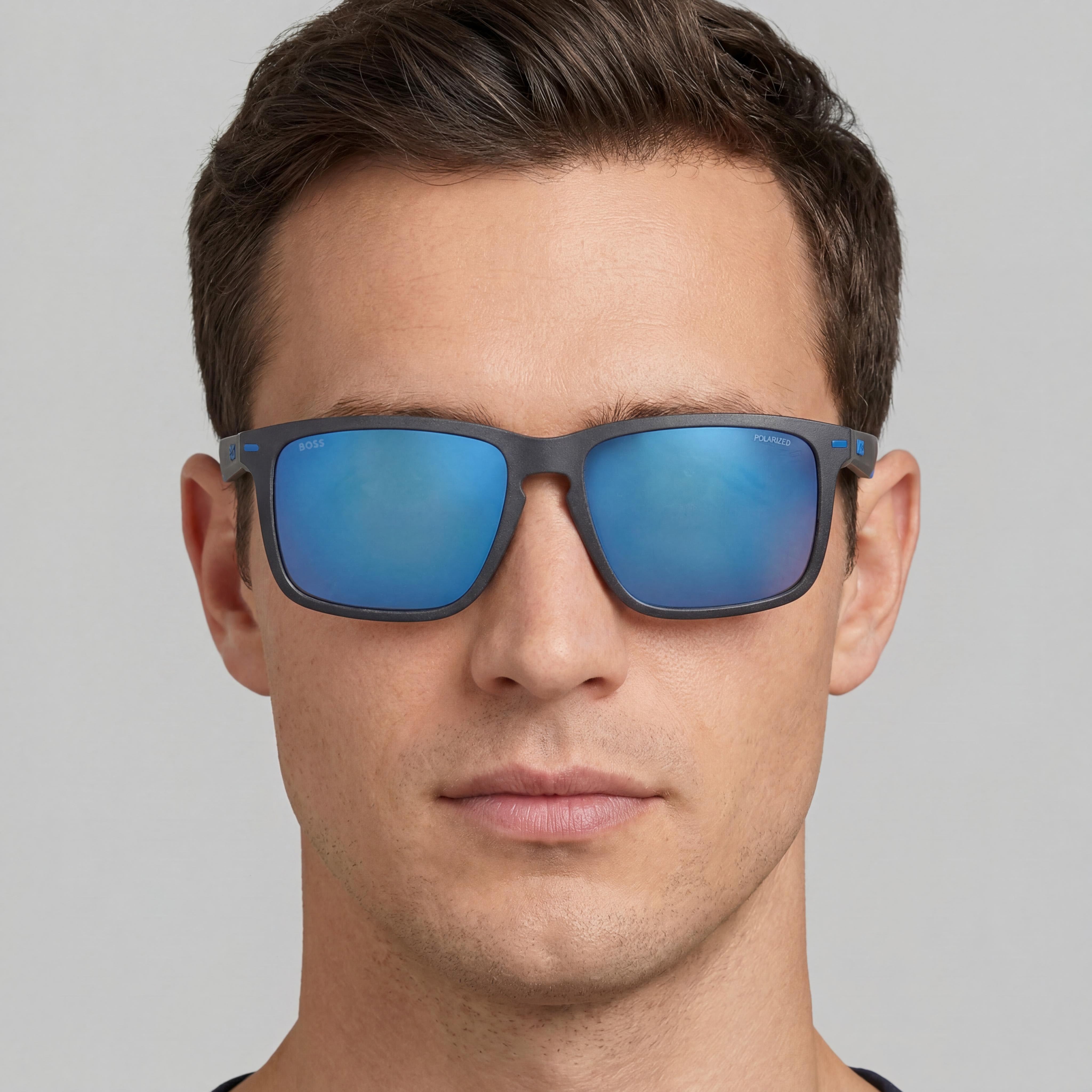 Hugo Boss Casual Men's Eco Polyamide Matte Grey Blue Polycarbonate Blue Mirror UV Protection Sunglasses 59mm, Photo 4