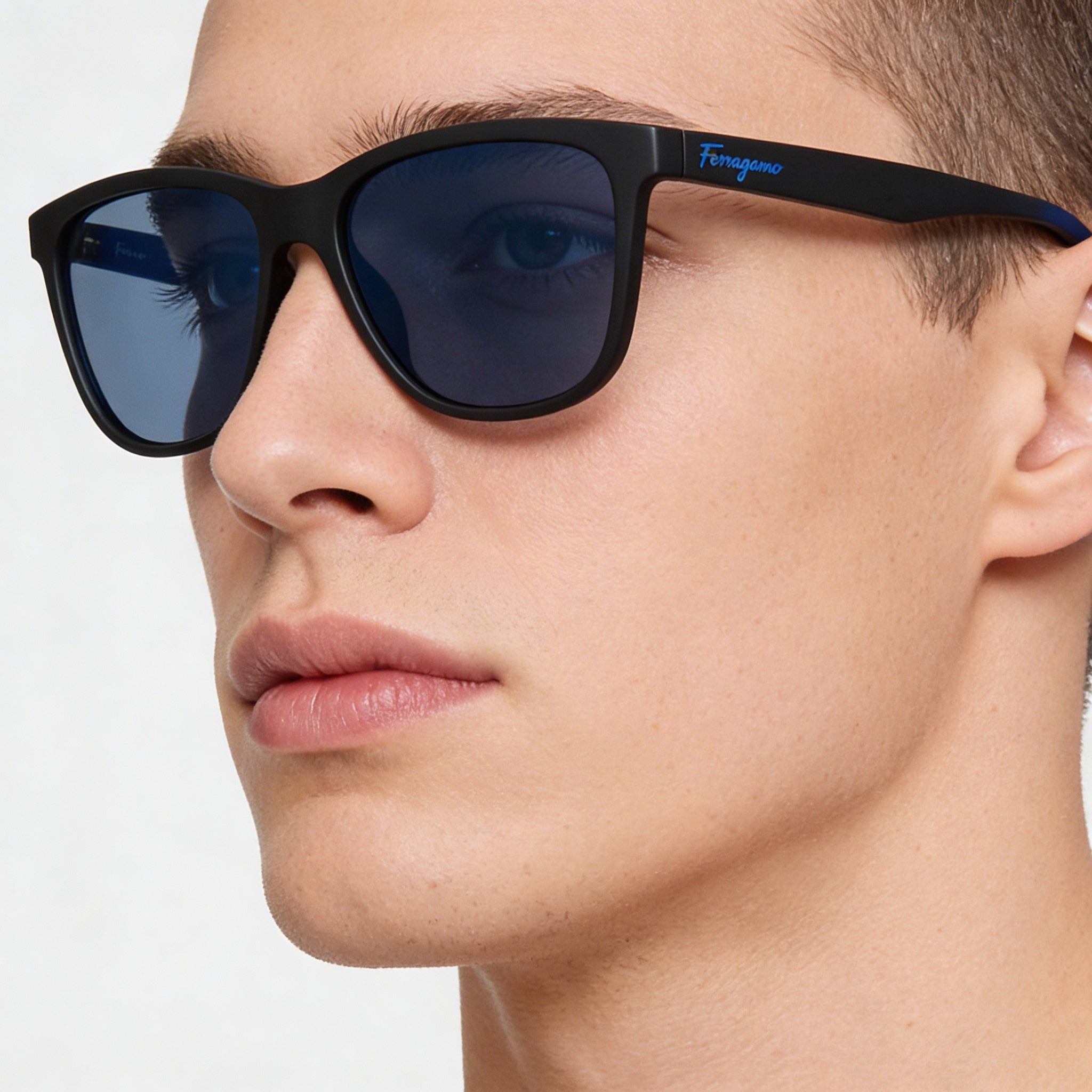 Ferragamo SF998S Unisex Modified Rectangle Matte Black Injected Frame Blue Lens 100% UV Sunglasses 57mm, Photo 5